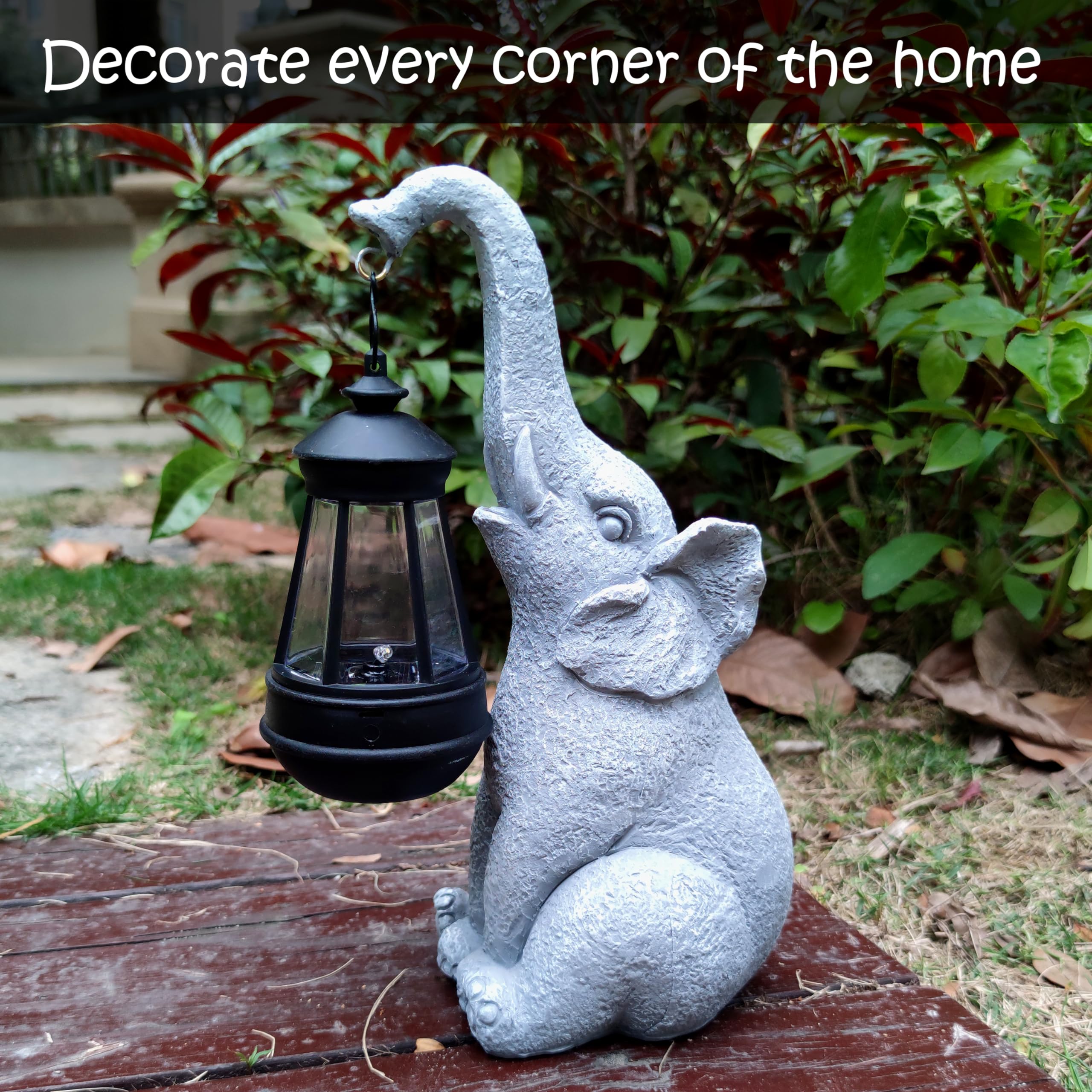 Estatuas solares de elefante para jardín, decoración de elefante de resina con linterna de luces solares, figuras para exteriores, césped, jardín, decoración artística para césped, patio