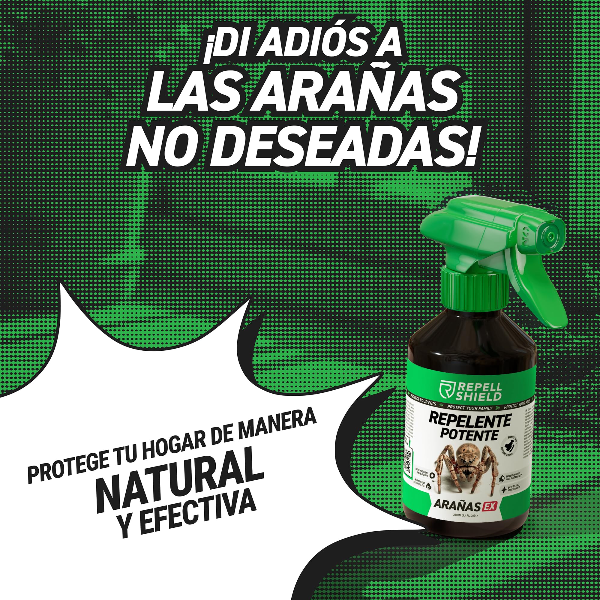 RepellShield® Spray Repelente Arañas Natural -250ml- Anti Arañas Casa con Geraniol y Aceite Esencial de Menta - Uso Interior y Exterior - Seguro para Hogar, Mascotas, Jardín - Fácil de Usar, No Mancha