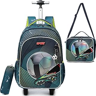 HTgroce School Bag with Wheels Boys School Backpack Trolley Backpack with Trolley for Children from 1st Class for School Travel, Green Football, Rucksack