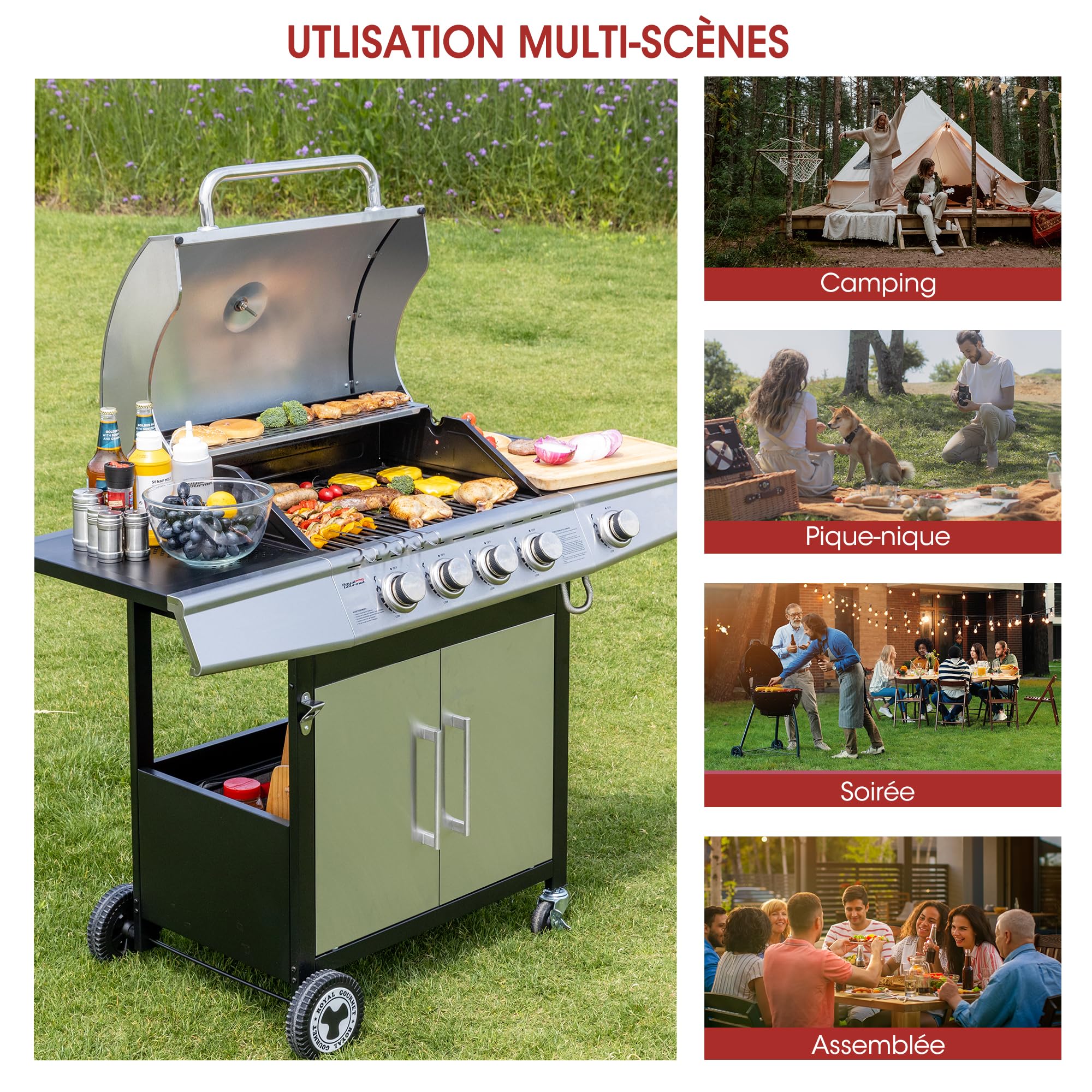Royal Gourmet Barbecue Gaz 4+1 Brûleurs Acier Inoxydable 14,5kW Gril avec Tablettes Thermomètre 2 Roues Directionnelles 2 Portes