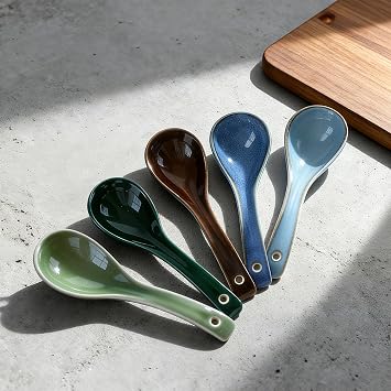 Raelitego 5Pcs Ceramic Asian Soup Spoons, Chinese Japanese Soup Spoons
