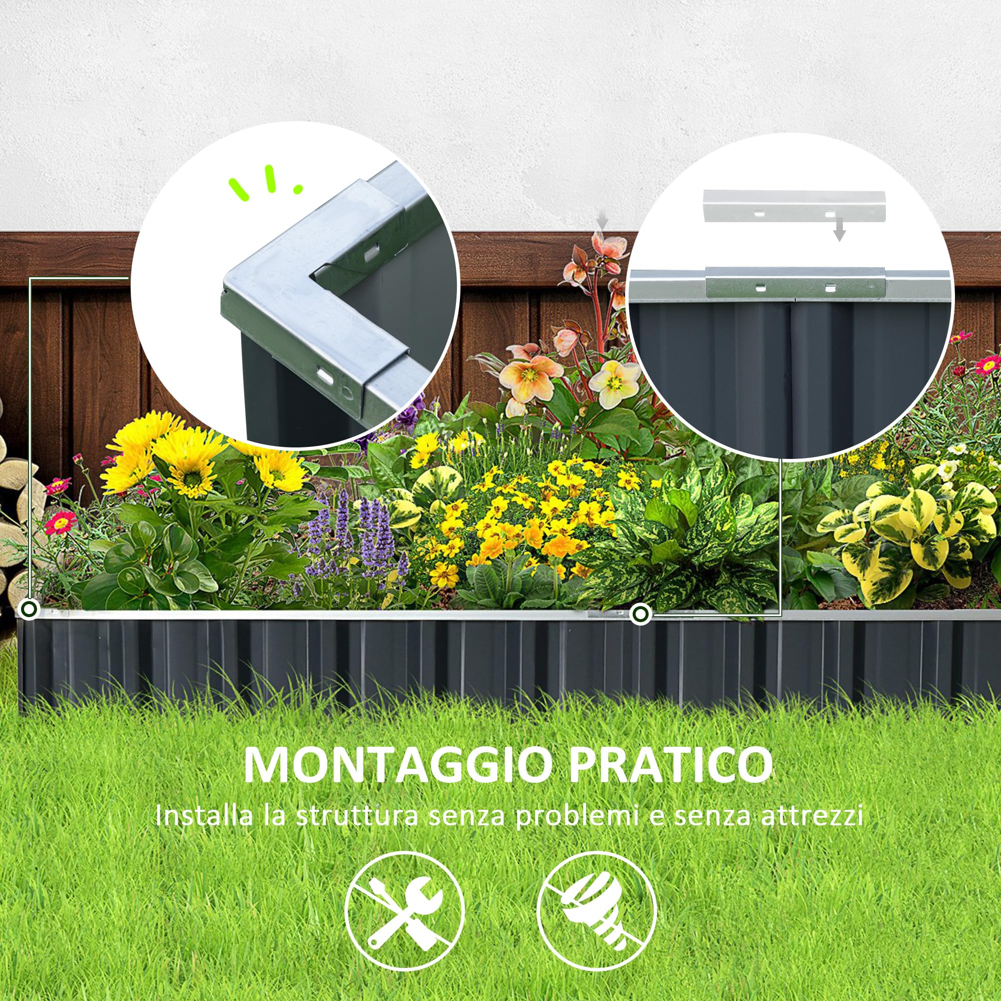 Outsunny Letto per Orto Rialzato da Esterno 645L, Fioriera da Esterno in Acciaio Galvanizzato con Fondo Aperto, per Piante, Fiori e Verdure, 258x90x30cm, Grigio Scuro