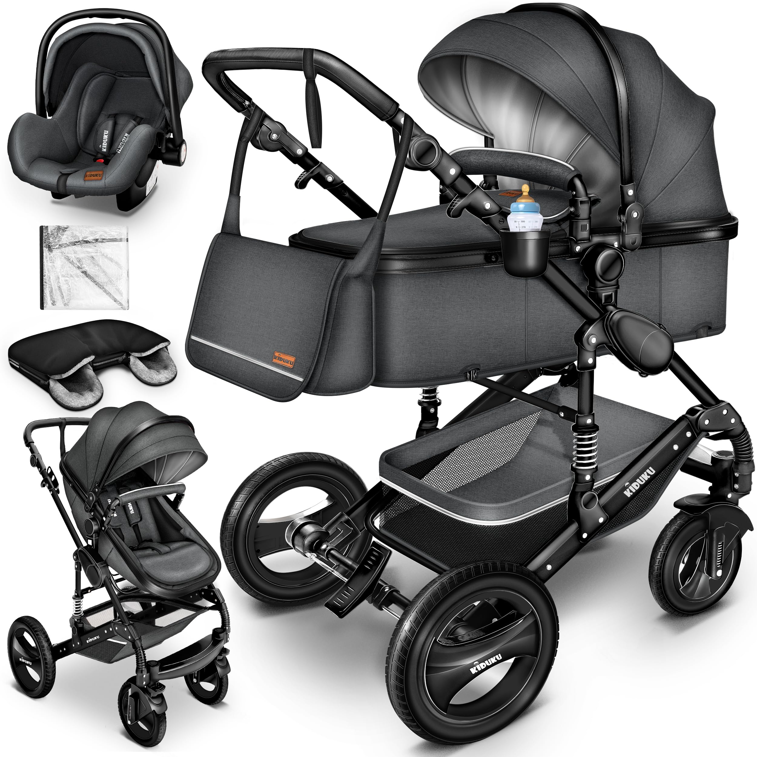 KIDUKU® 3 in 1 Passeggino Completo Trio | Passeggino Sistema Combinato con Navicella Ovetto Seggiolino Auto Coprigambe | Pneumatici in Gomma Dura Borsa Fasciatoio Tavolo per Bambini ECE R129