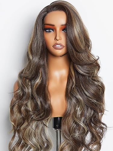 GORGIUS Peluca de onda suelta ombré marrón con reflejos rubios de 24 pulgadas, peluca de color rubio miel de color sin pegamento, cabello humano