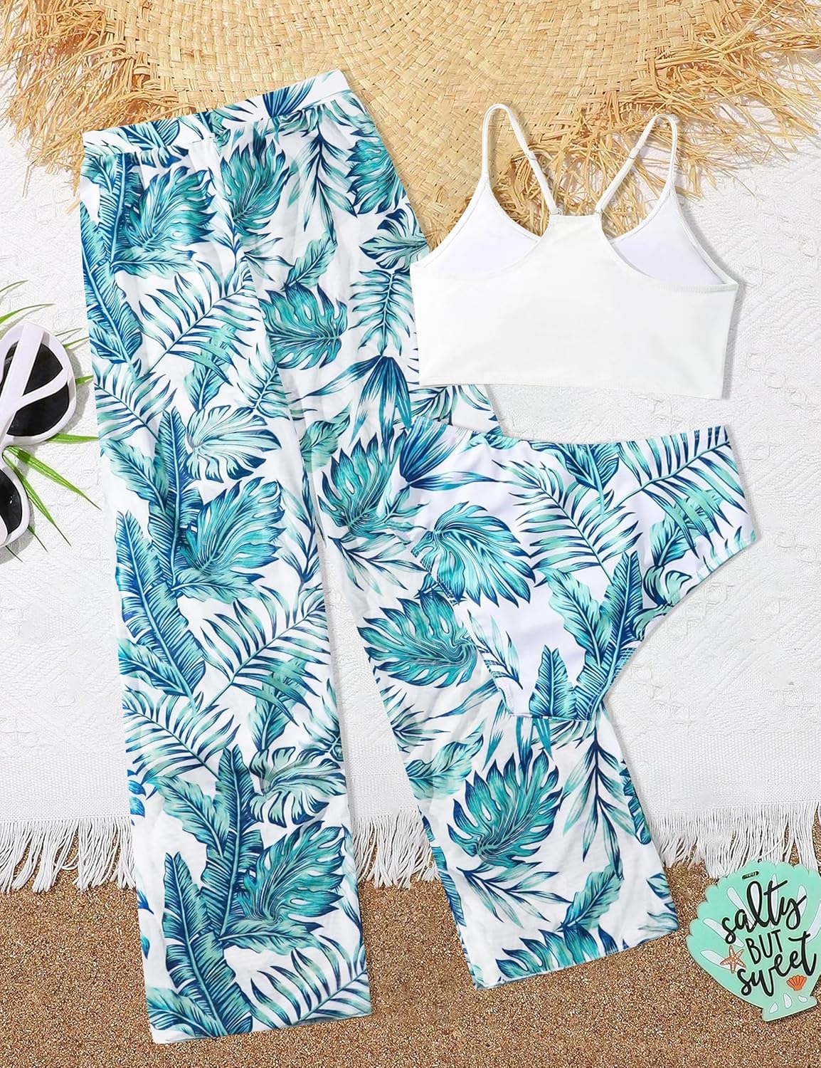 NECIOUS Girls Swimsuit, 3 Piece Bikini Bathing Suit Tropical Floral Swimwear with Cover Up Pants 7-16Y - Image 5