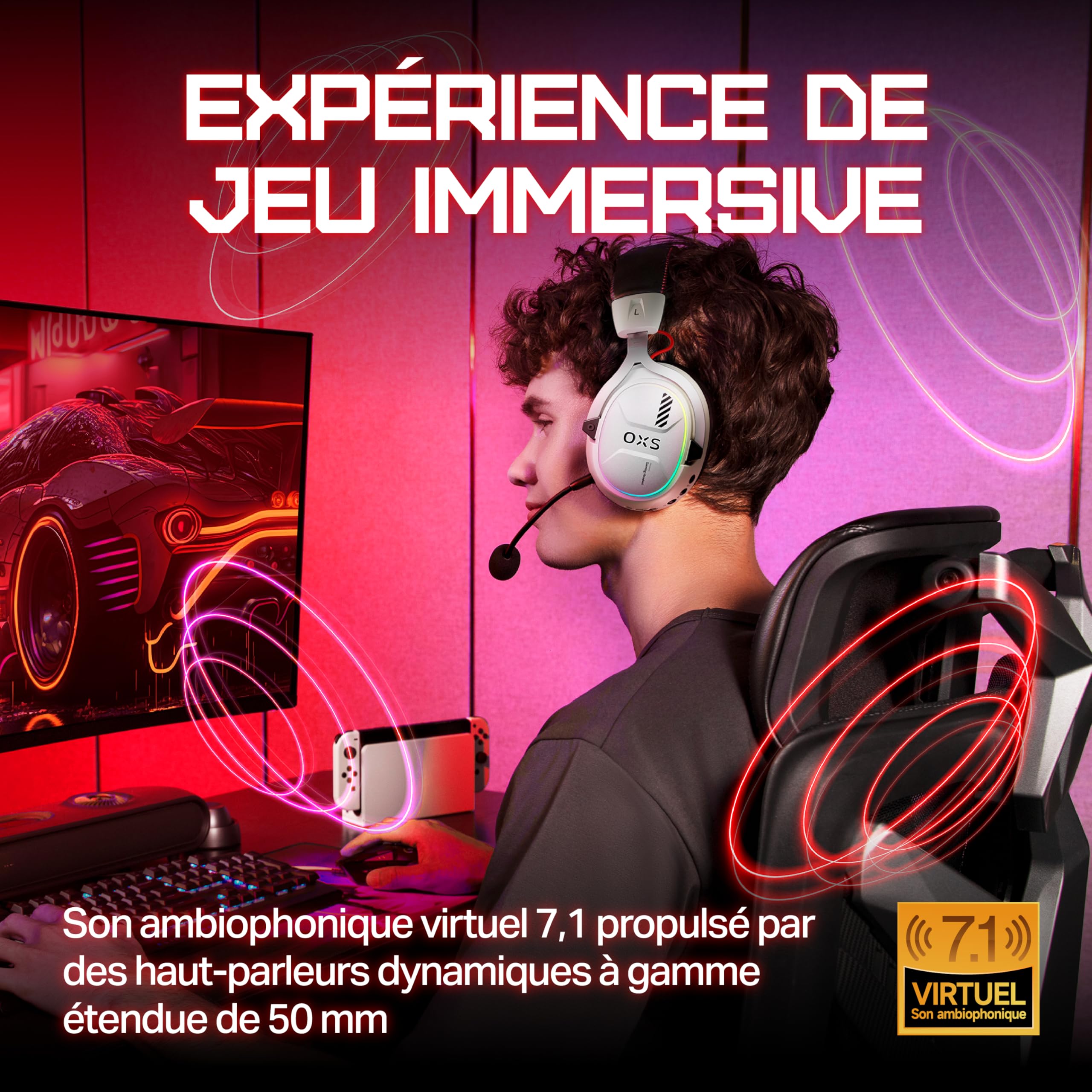 OXS Storm G2 Casque Gaming sans Fil, Son Ambiophonique Virtuel 7,1, 3 Modes d'égalisation, Faible Latence 2,4 GHz, Pilote de 50 mm, Autonomie de 40 Heures, Bluetooth 5.3, pour PC, Console, Blanc