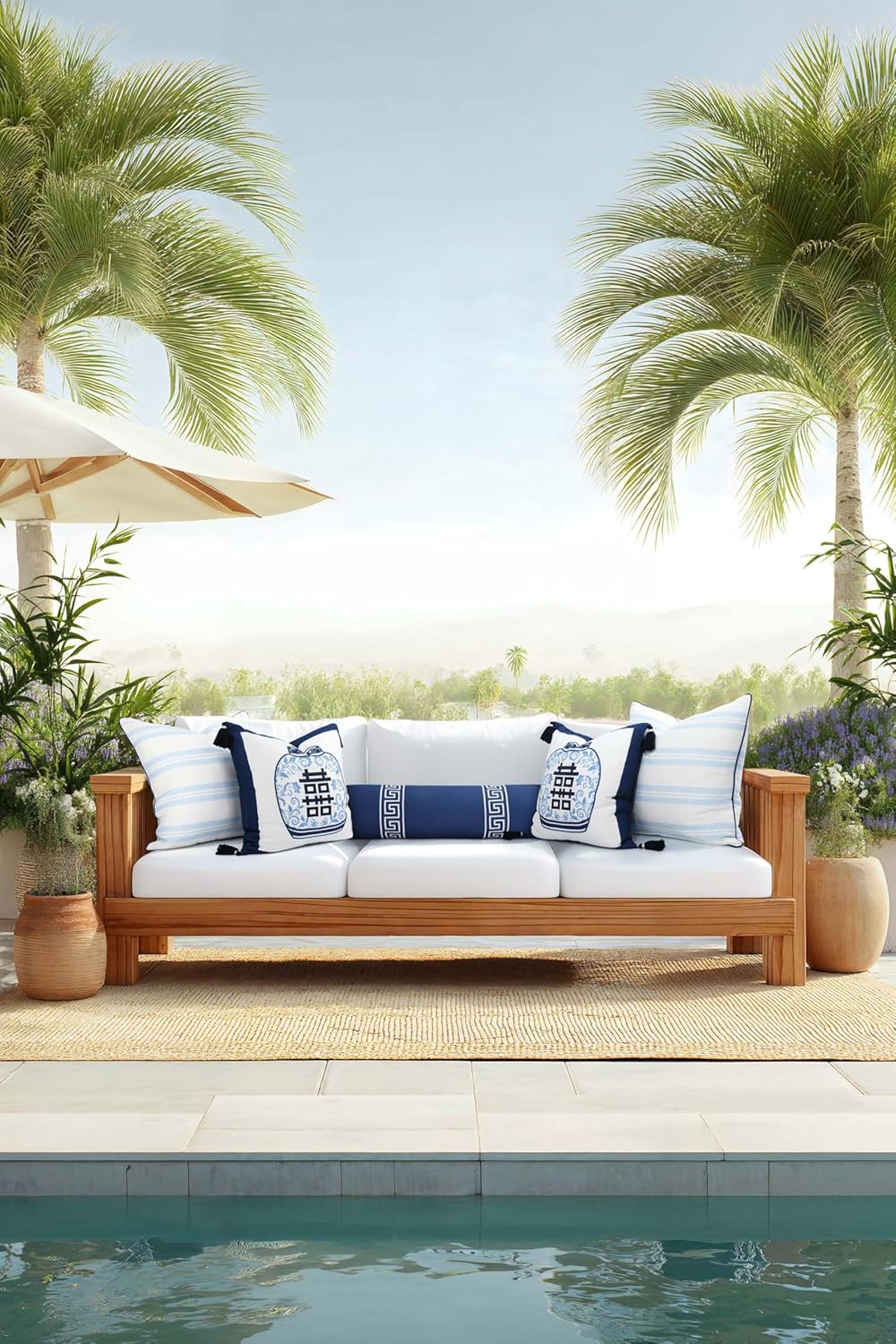 Hofdeco Premium Coastal Hampton Patio Indoor Outdoor Bolster Pillow Cover Only, 8"x24" Water Repellent for Backyard, Couch, Poolside, Navy Blue Embroidered Greek Key