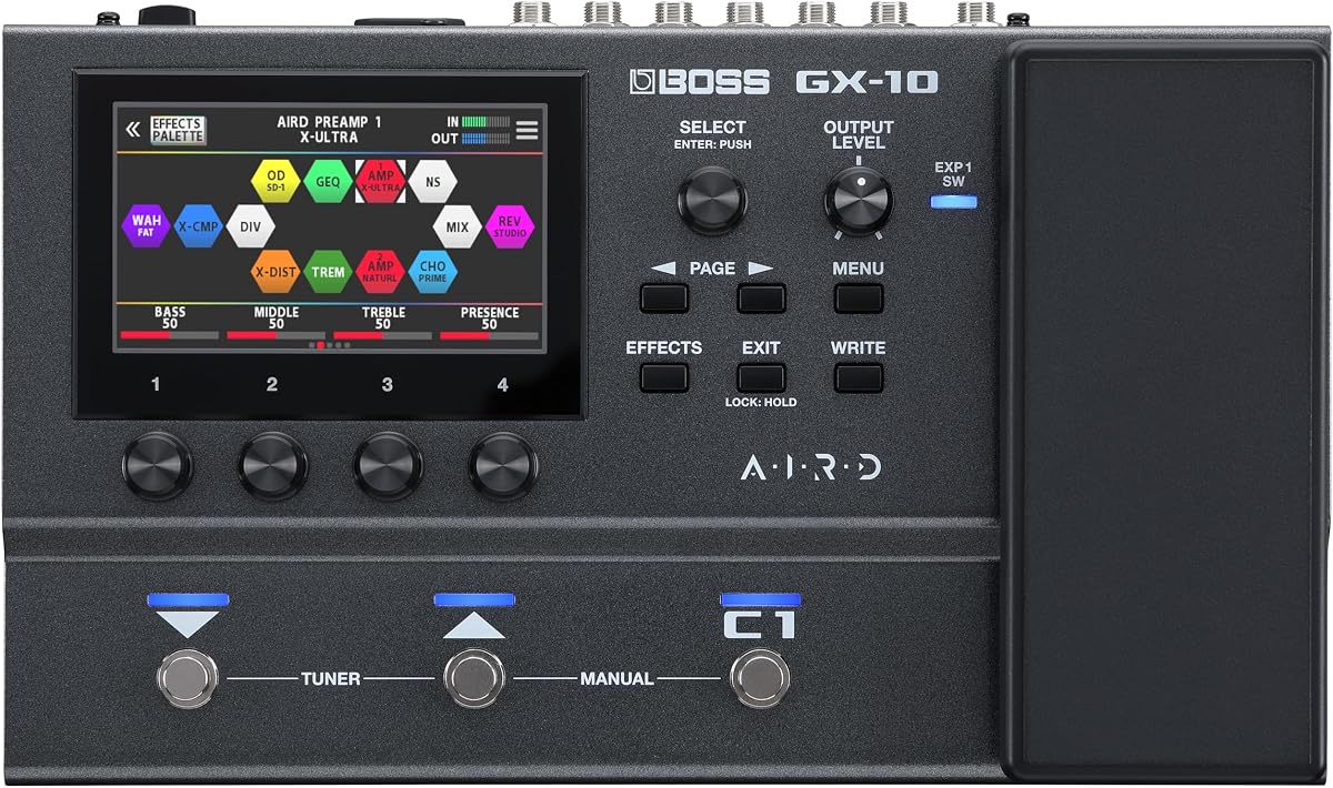 JEFE GX-10 | Procesador compacto de efectos para guitarra y bajo | Motor de sonido GX-100 | Pantalla táctil a color | 32 tipos de amperios y 170 efectos BOSS | Conmutadores de pie multimodo y pedal de expresión | Tecnología AIRD | Pantalla táctil a color, 32 tipos de amperios y 170 efectos BOSS, pedales de expresión y conmutadores de pedal multimodo, tecnología AIRD
