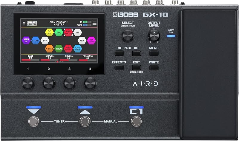 JEFE GX-10 | Procesador compacto de efectos para guitarra y bajo | Motor de sonido GX-100 | Pantalla táctil a color | 32 tipos de amperios y 170 efectos BOSS | Conmutadores de pie multimodo y pedal de expresión | Tecnología AIRD | Pantalla táctil a color, 32 tipos de amperios y 170 efectos BOSS, pedales de expresión y conmutadores de pedal multimodo, tecnología AIRD