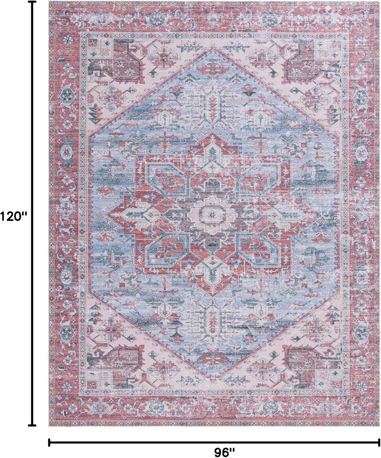 SAFAVIEH Washable Rug Tucson Collection - 8' x 10', Grey Blue & Rust, Slip Resistant & Easy to Clean, Ideal for Living Room, Bedroom, Dining Space (TSN102G)