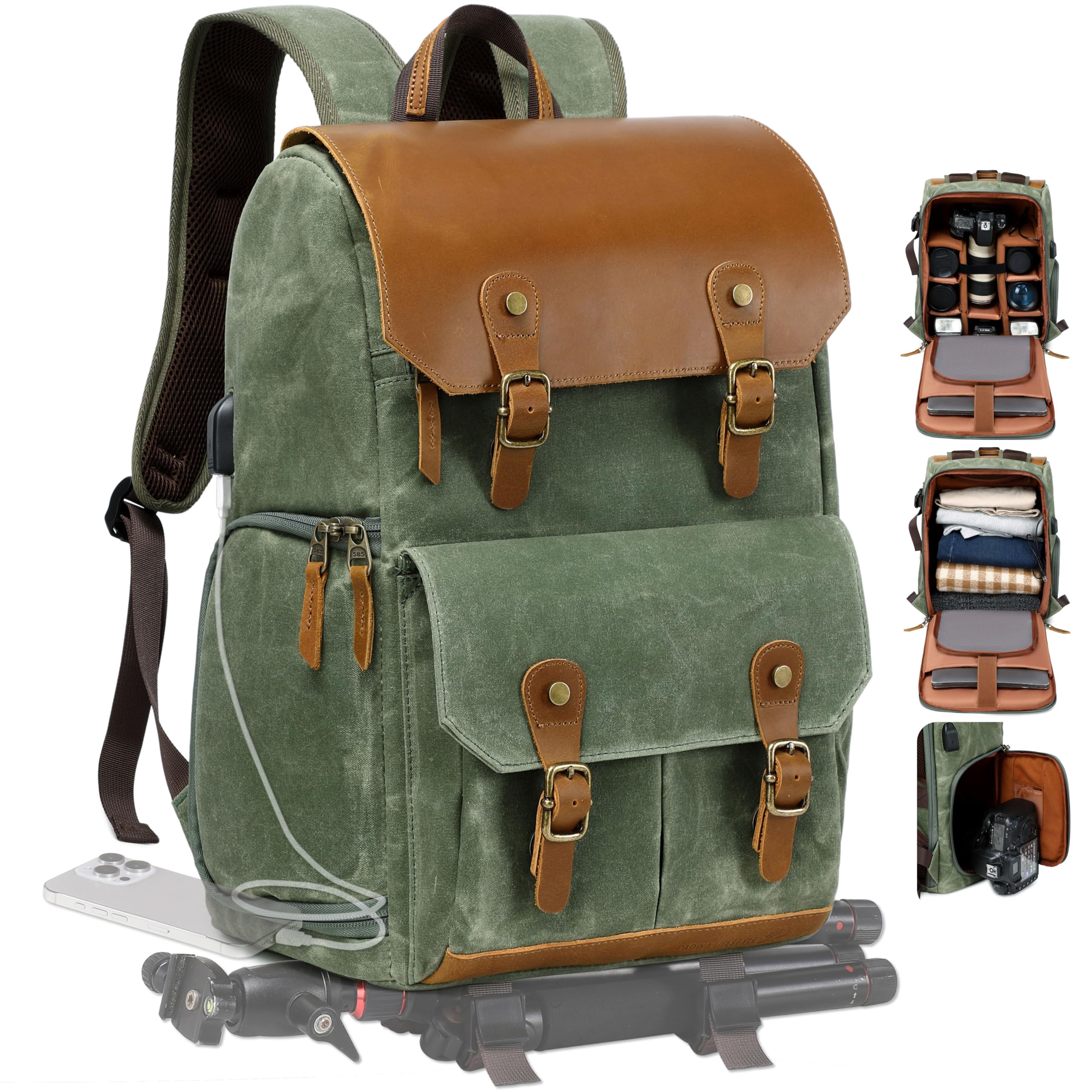 Padwa Lifestyle Grüner Kamerarucksack - wetterfeste Kameratasche aus gewachstem Memory Canvas mit 16“ Laptop-/Objektivfach und Stativfach, Mehrzweck-Kamerarucksack für professionelle Fotografen
