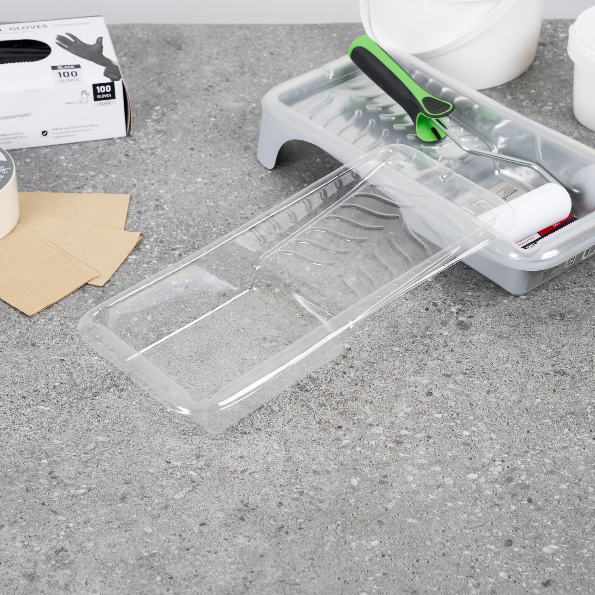 Restaurantware Paquete de 60 forros de bandeja de pintura, desechables, de 4 pulgadas, resistentes al desgarro, suministros de plástico transparente con textura para pintura de casa, retoques, bordes