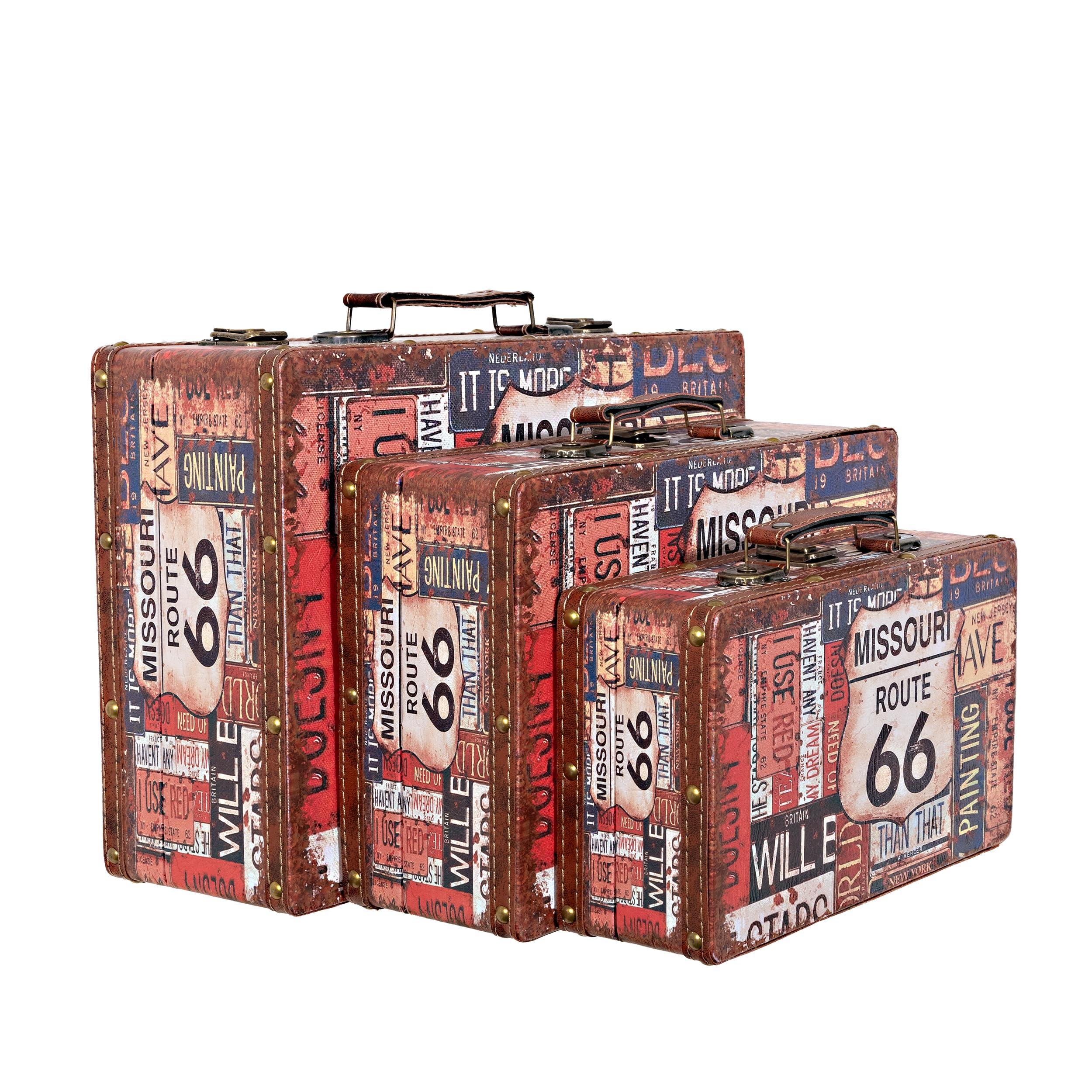 Skrzynia podróżna, walizka samochodowa, zestaw walizek, ze sztuczną skórą, skrzynia piracka, drewniane pudełko (1711-Route66-SET-M+L+XL)