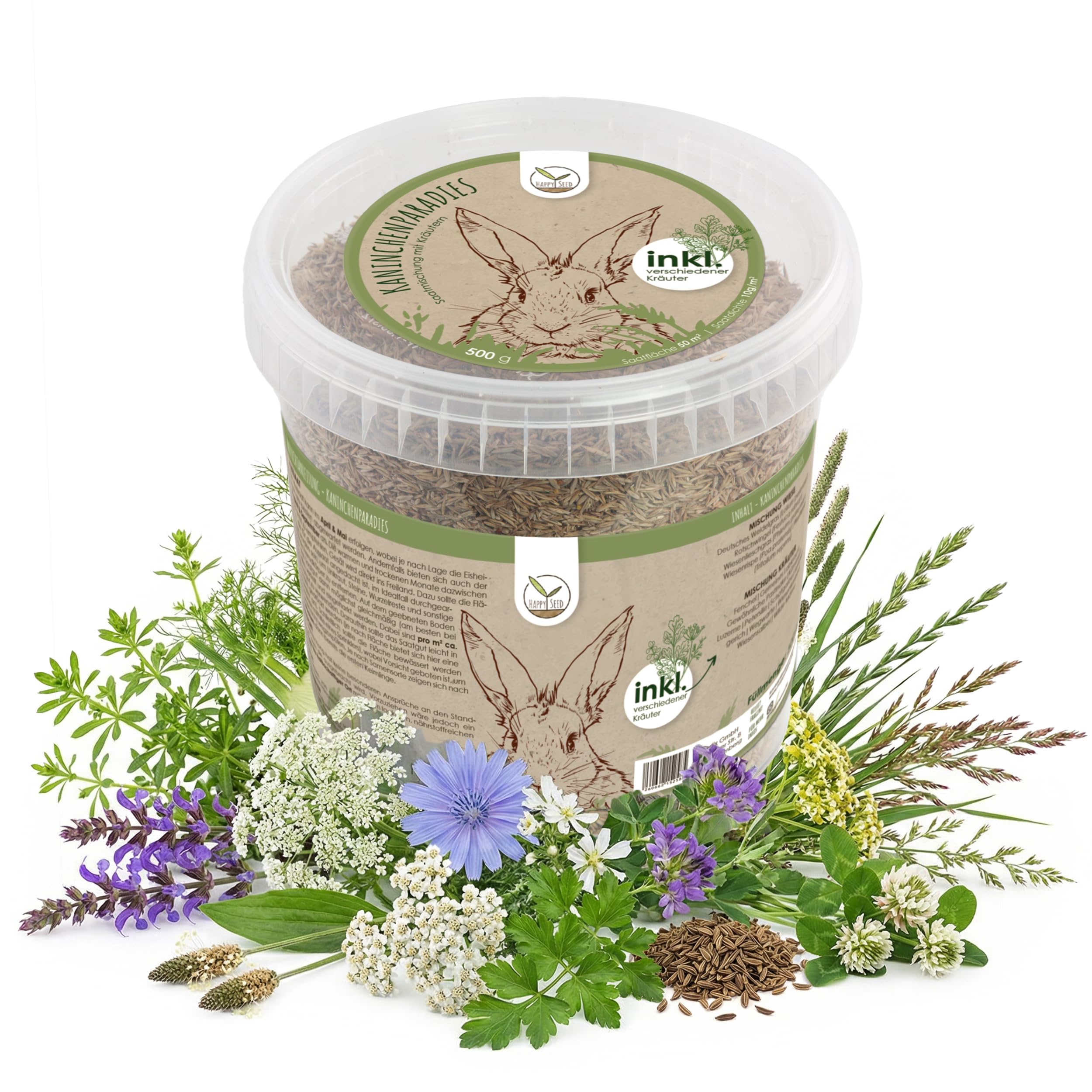 HappySeed 500g Kaninchenwiese Samen - Kleintierwiese Saatgut für die ganzjährige Anzucht von frischem Zusatzfutter für Kaninchen und andere Kleintiere