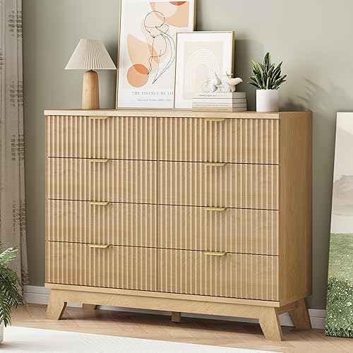 Vista 4 de Cómoda acanalada para dormitorio con 8 cajones, cómoda moderna de 48 pulgadas de ancho con manijas de metal, cómoda de madera que funciona como