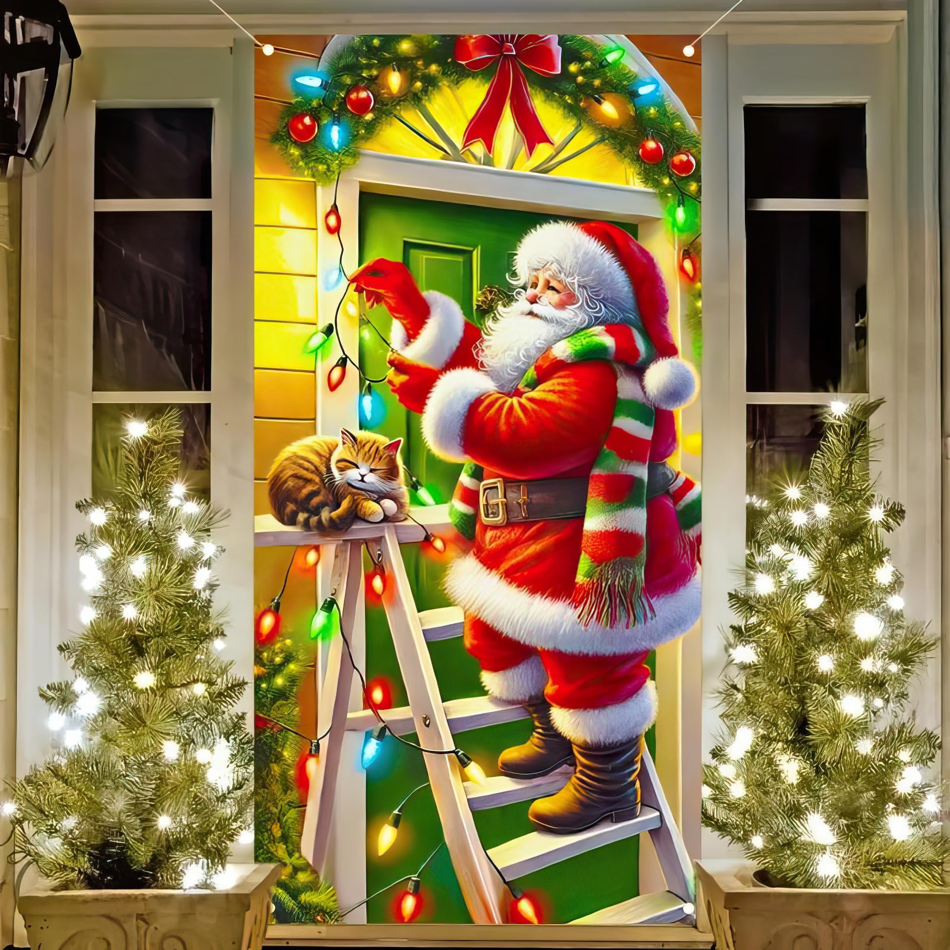 BlissYard Christmas Banner - Santa Claus & Cat Door Cover with Lights - 71x35 Inches - Indoor/Outdoor Home Decor