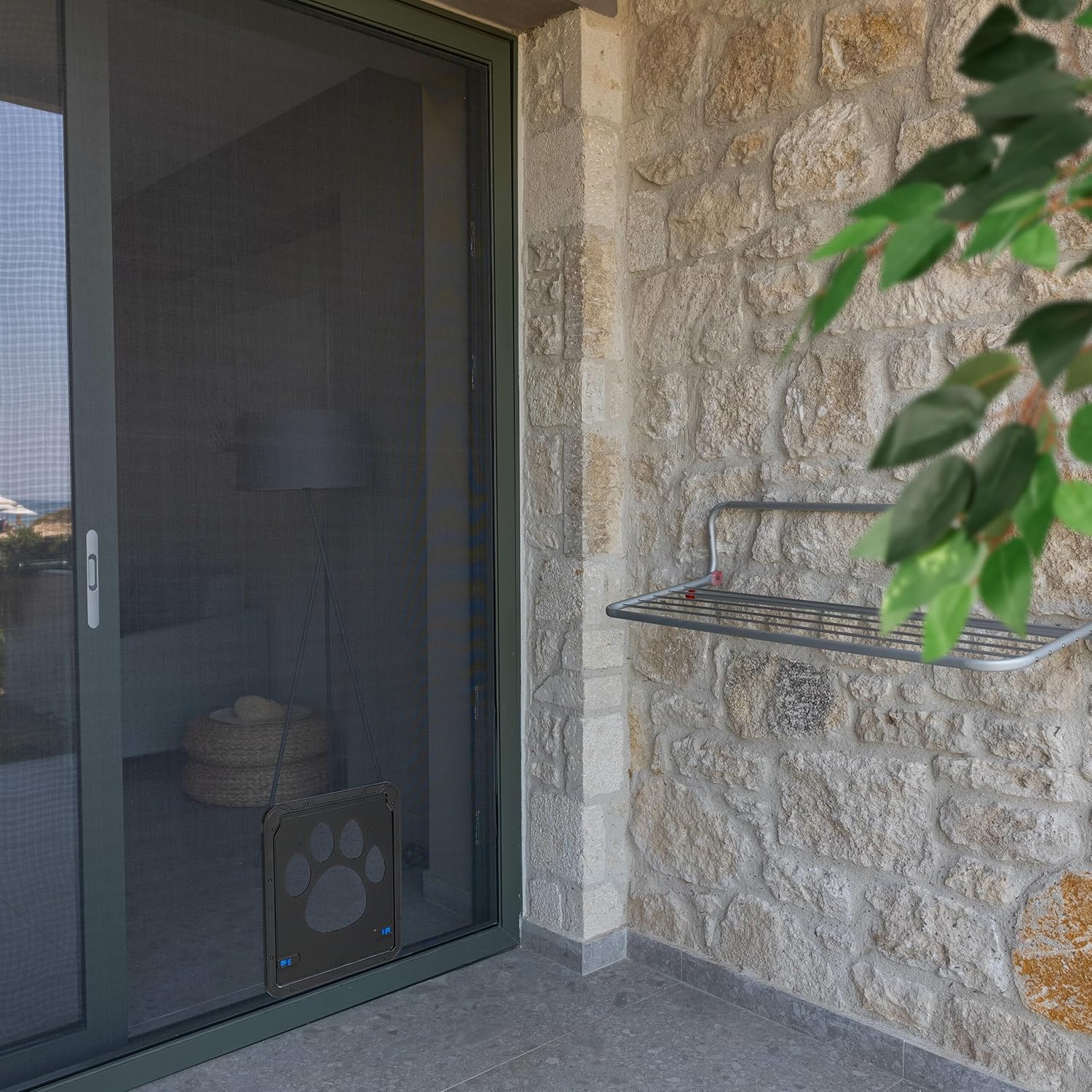 Relaxdays Pet Door installed on a screen door from the outside