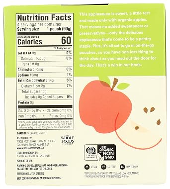 365 by Whole Foods Market, Organic Unsweetened Applesauce Pouches, 3.2 Ounce (Pack of 12)
