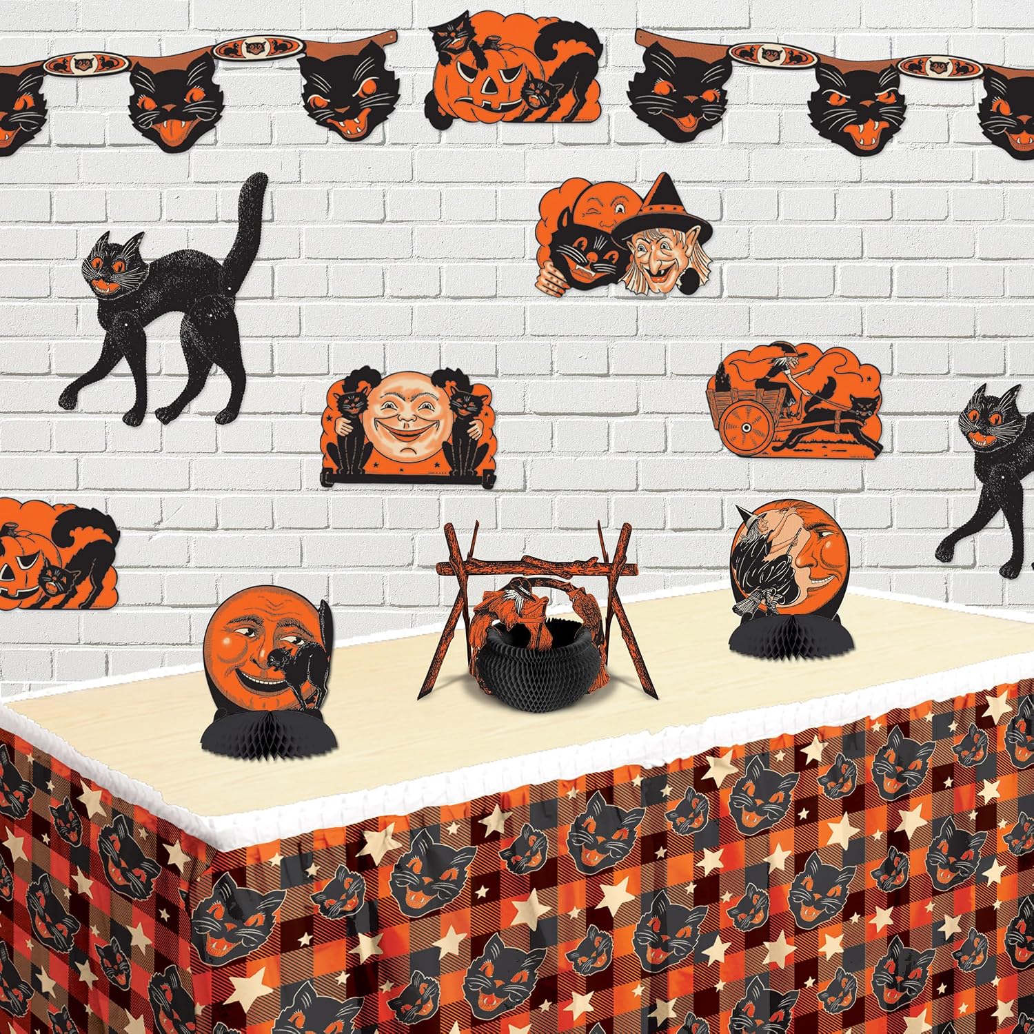 Beistle Vintage Halloween Table Skirting – Plastic Self-Adhesive Table Skirt with Scratch Cat Faces and Stars on Orange and Black Buffalo Plaid, Retro Halloween Party Decoration, 29" x 14'