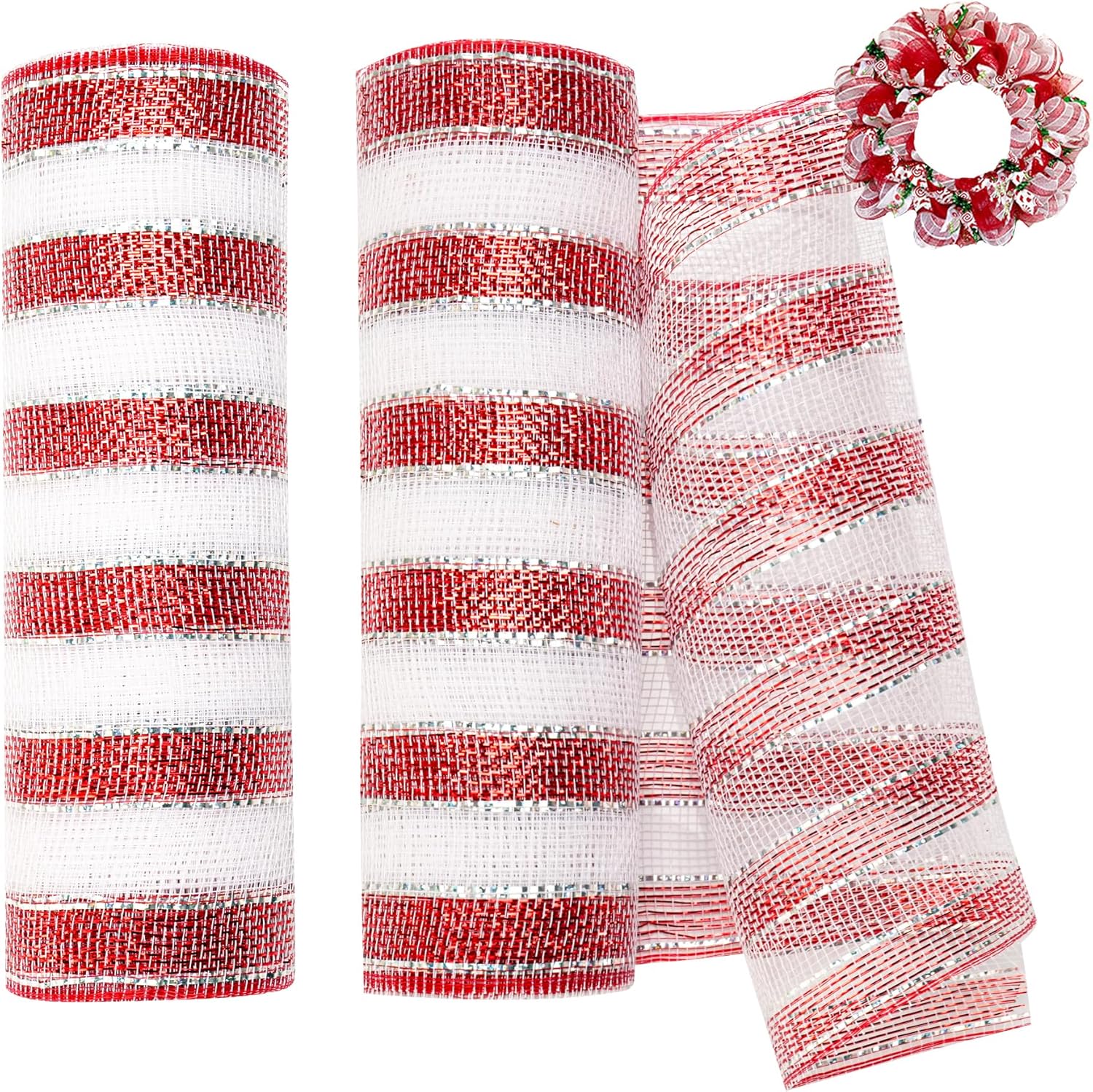 2 Rolls Christmas Mesh Ribbon 10 inch 30ft, Metallic Foil Deco Mesh, Ribbon for Wreath Christmas Tree Thanksgiving Fall Halloween Decorative Mesh Fabric Red and White Stripe