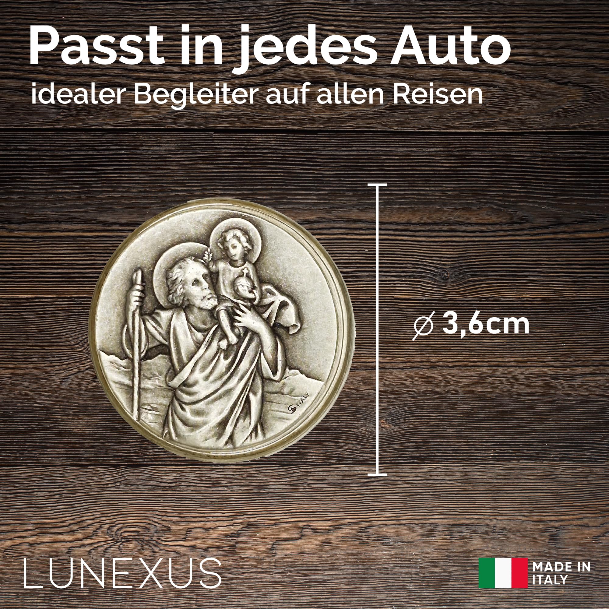 LUNEXUS Imán de Coche de San Cristóbal de 3,6 cm de diámetro, Placa de Coche de San Cristóbal - Bendito - patrón de los automovilistas - Colgante de Coche de San Cristóbal - Ángel de la Guarda - Auto