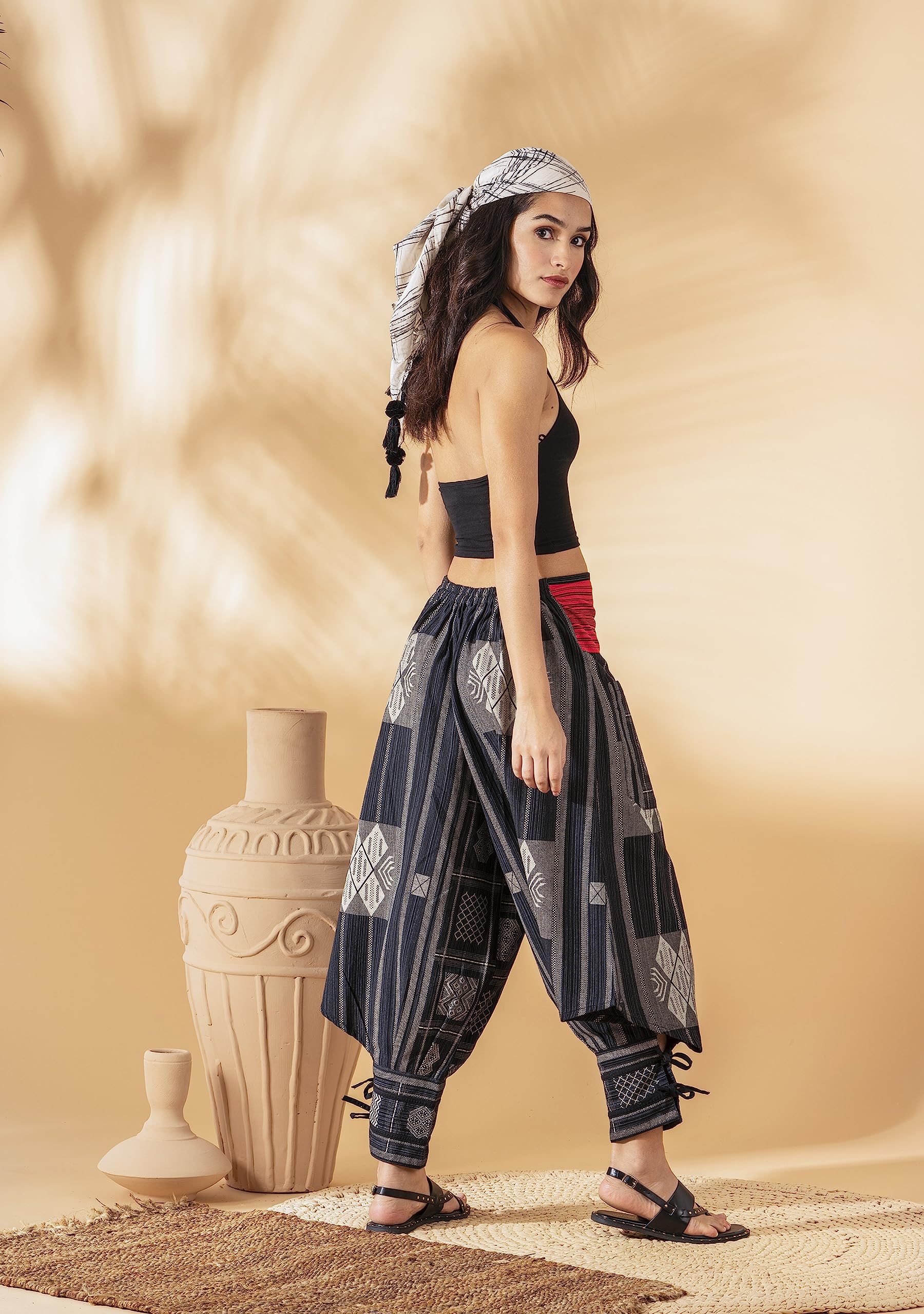 The Veshti Company Cotton Hippie Harem Pants for Women's High Waist Low Crotch Loose Baggy Tapestry Yoga Pajama Pants, Black - Shadow Warrior, M 2