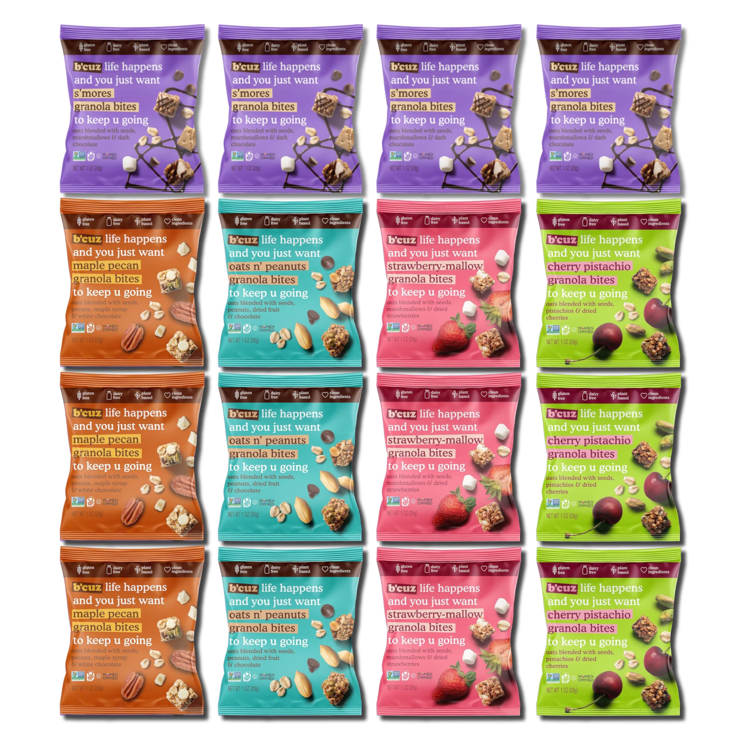 B'cuz Granola Bites - Gluten Free On the Go Snacks Variety Pack, Kosher, Vegan Friendly, Travel Safe, Healthy Breakfast and Dessert Treats for Kids or Adults Lunchboxes, 1 Ounce, Pack of 16