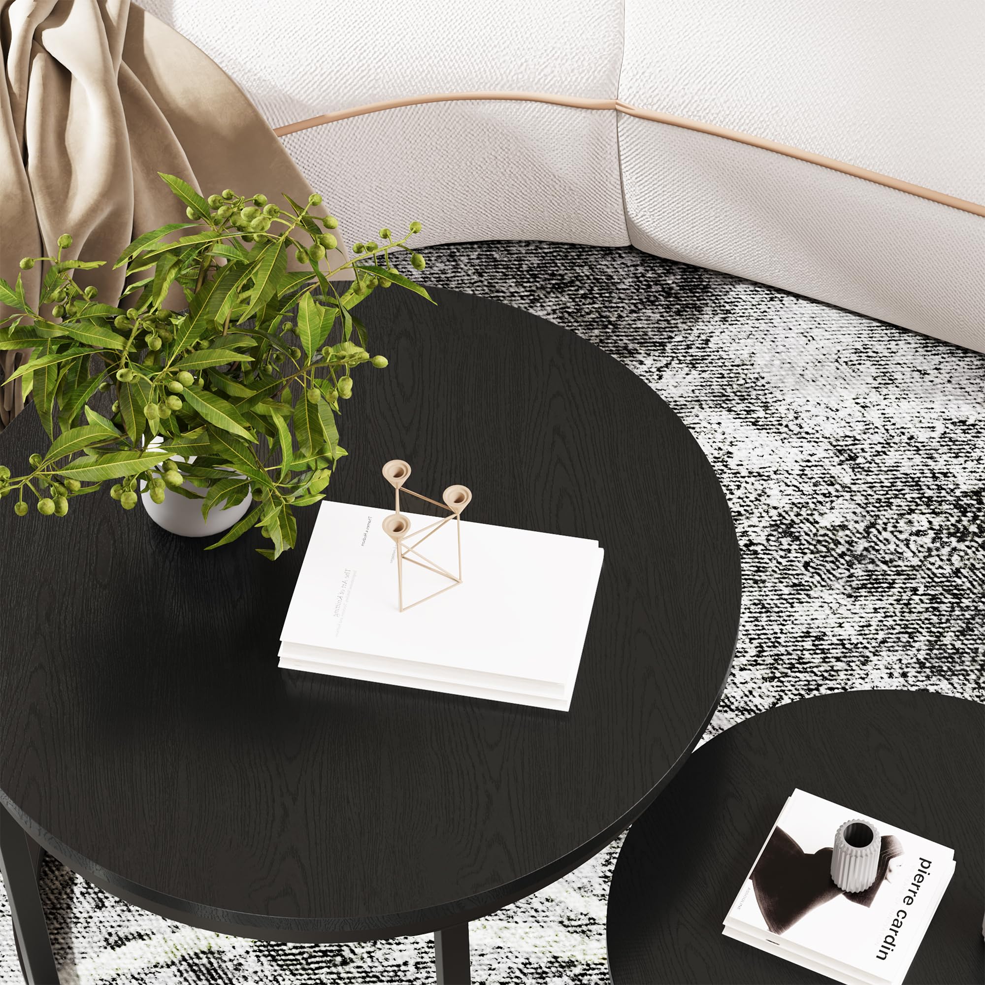 HOMERECOMMEND Tavolino rotondo, set da 2 pezzi, tavolino da salotto in legno, moderno, con struttura in metallo, per soggiorno, balcone, nero