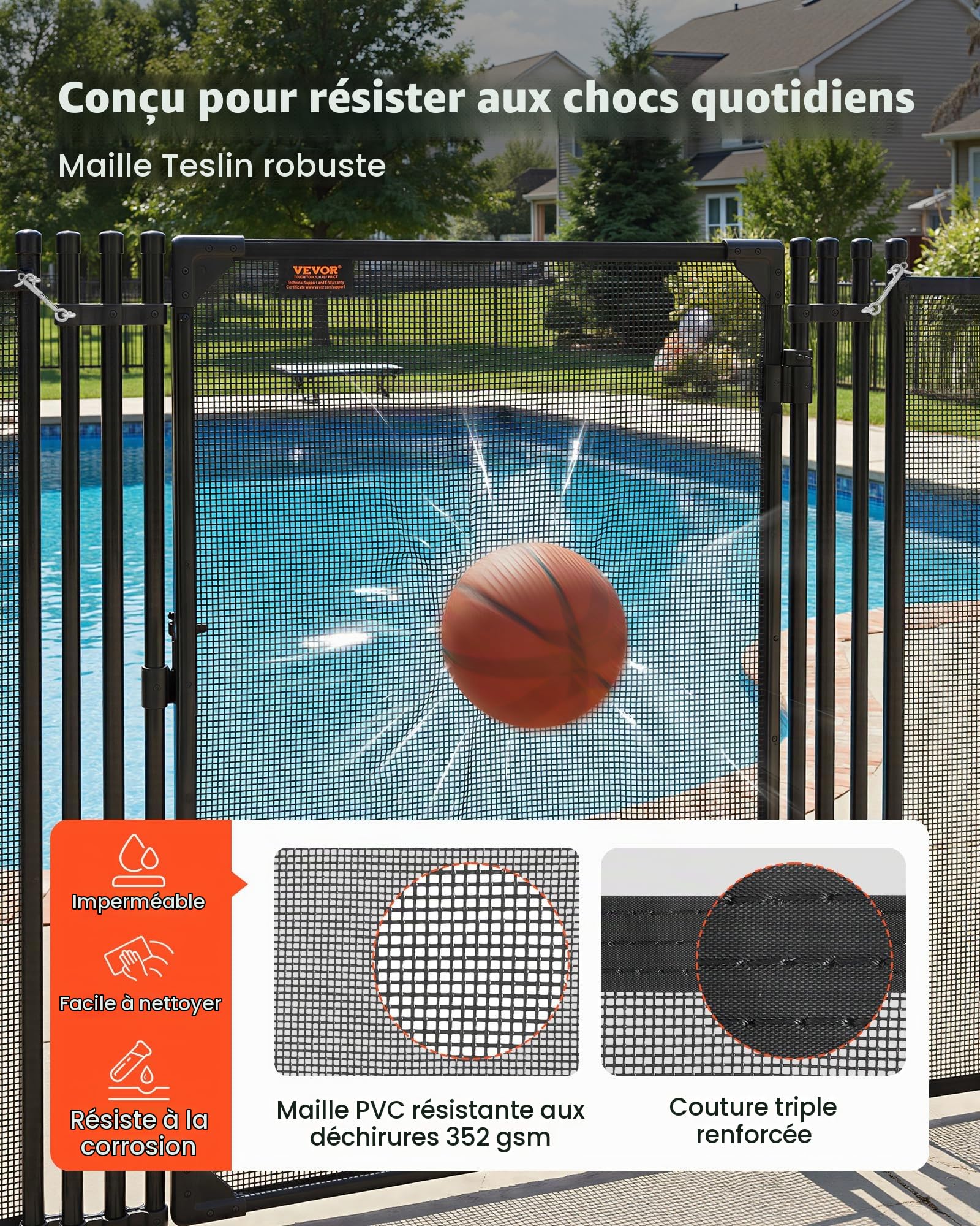 VEVOR Portillon de Barrière Piscine Amovible 1,2x0,75 m, Portillon de Sécurité pour Piscine Enterrée et Clôture Extérieure, Kit avec Loquet Métallique, Maille Teslin PVC 352 g/m², Tube Rond, Noir