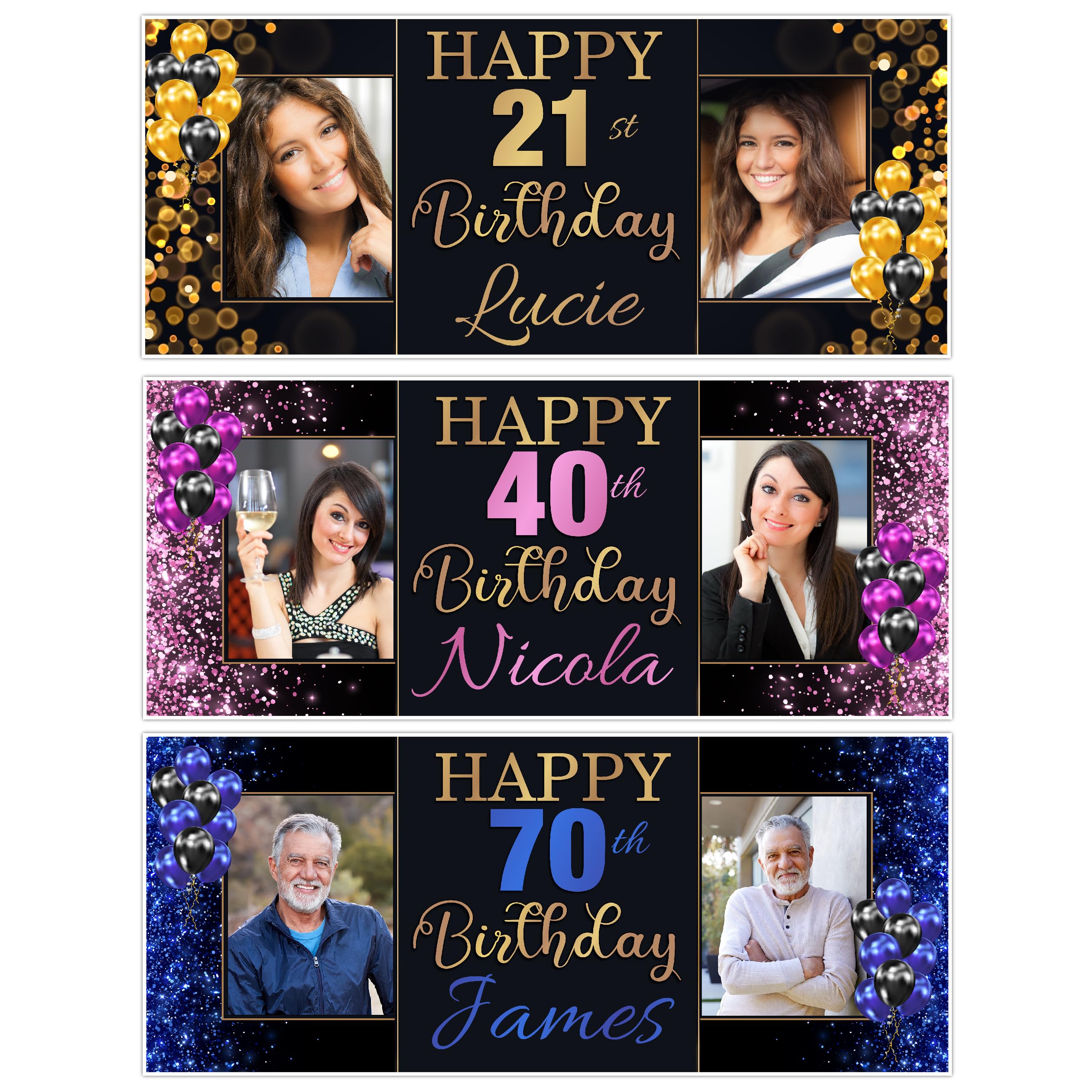 Personalised Happy Birthday Photo Party Banners 18th 21st 30th 40th 50th 60th 70th 80th Any Age Custom Door Wall Decorations Pink Gold Blue Large for him her