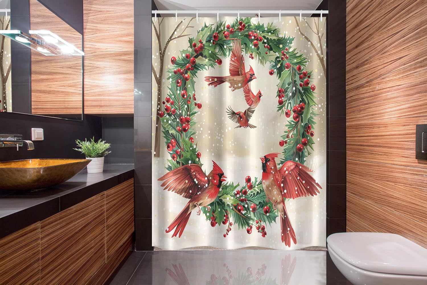 Ambesonne Christmas Stall Shower Curtain, Vintage Red Cardinal Birds and Xmas Wreath Ornate Snowy Visual, Fabric Bathroom Decor Set with Hooks, 54" W x 78" L, Dark Coral Green and Beige