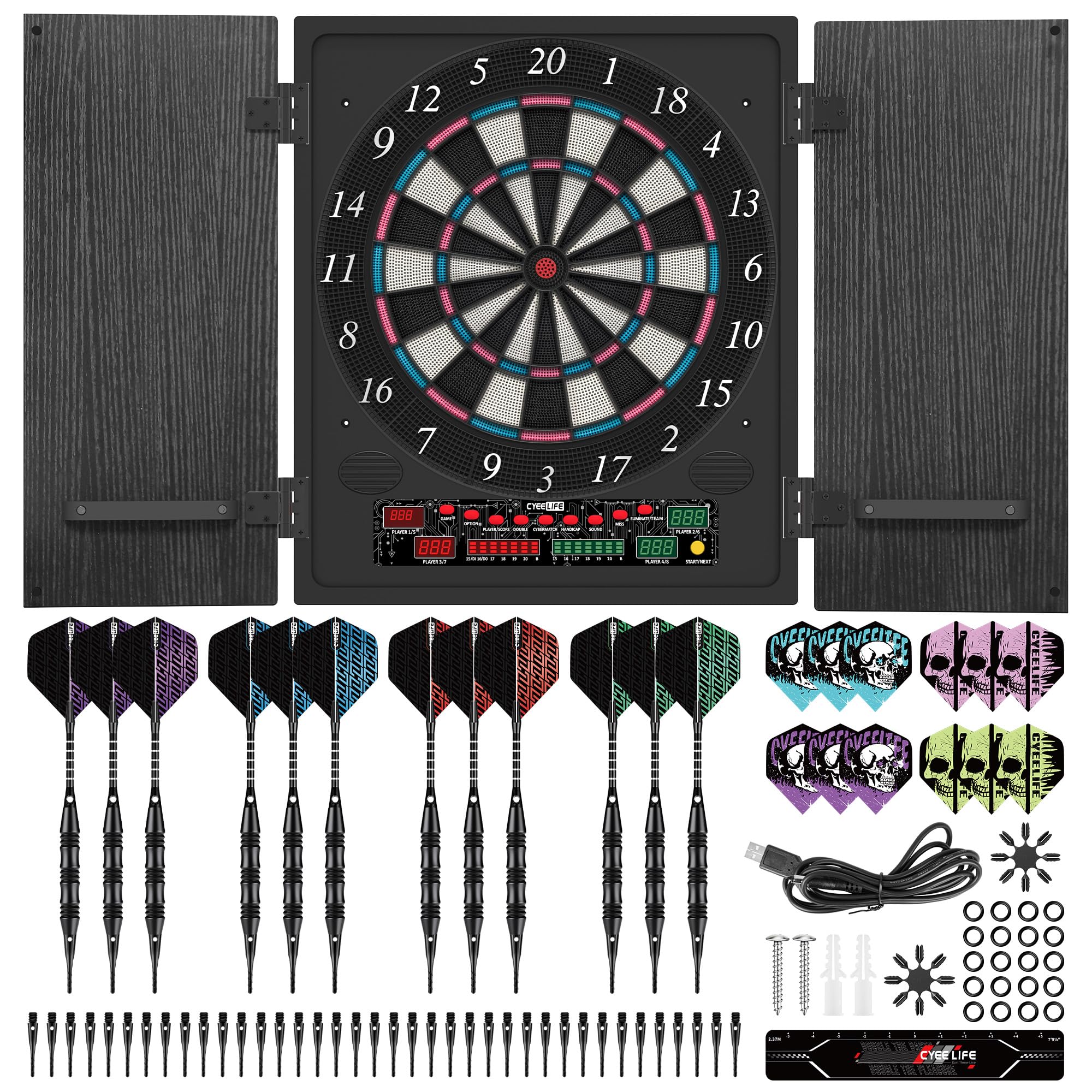 CyeeLife Bersaglio elettronico per freccette con armadio in legno, bersaglio elettronico con 34 giochi e 355 varianti, modalità 8 giocatori, display LED, voce tedesca