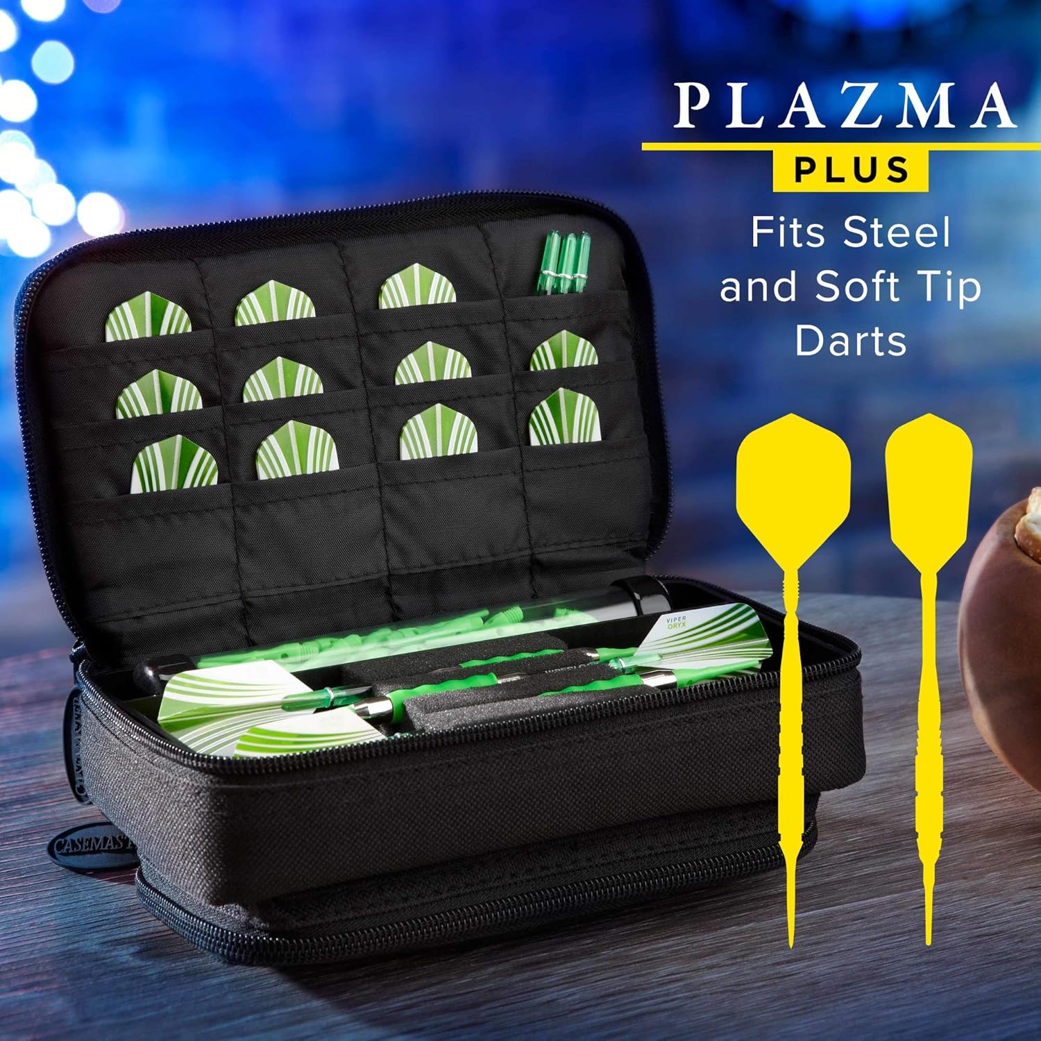 Casemaster Plazma Plus, 3 Dart Case for Soft and Steel Tip Darts Features Large Front Mobile Device Pocket, Built-in Storage Tube and Pockets for Flights, Tips, Shafts, and Personal Items