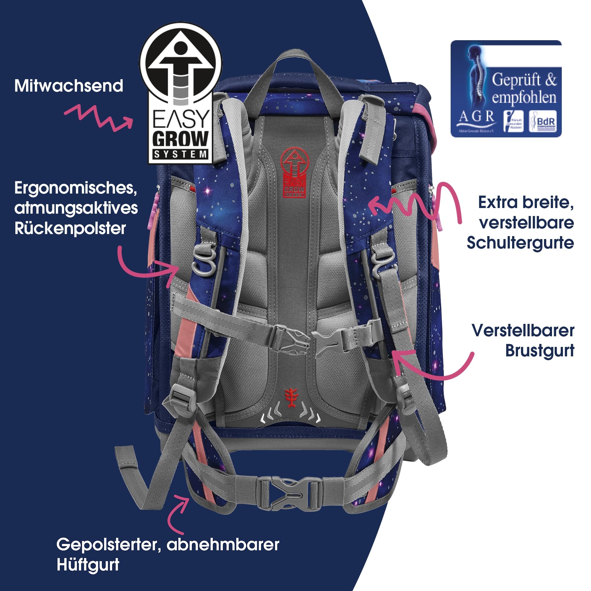 Step by Step Schulranzen-Set Space Reflect „Star Seahorse Zoe“ 5-teilig, ergonomischer Tornister, Reflektoren, höhenverstellbar, Hüftgurt, Grundschule, 1. Klasse, 20L, lila-schwarz