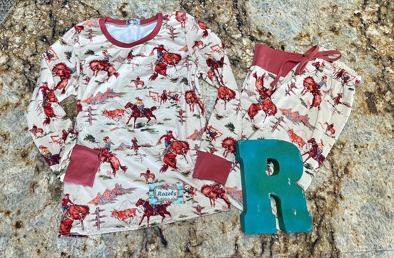 Adult Vintage Cowboy, Cowgirl Print Pajama Set/RETRO Cowboy PJ Pants Shirt/Classic Western Print Unisex Pajamas XS