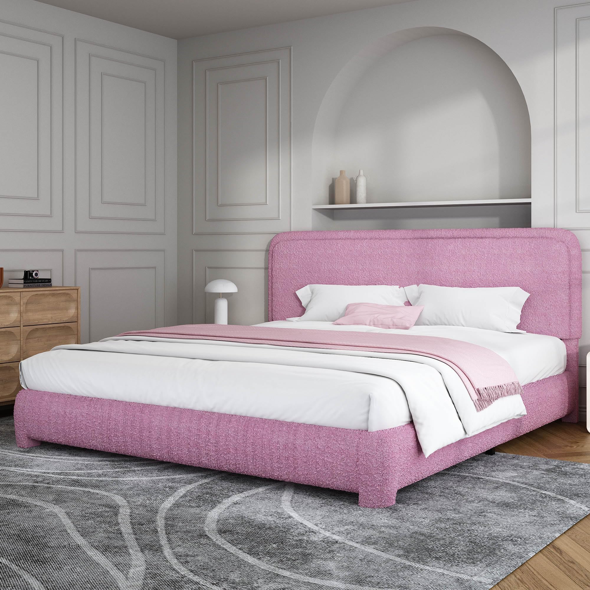 BarnFurin King Bed Frame, Cloud Boucle Headboard, Low Profile, Rose Pink