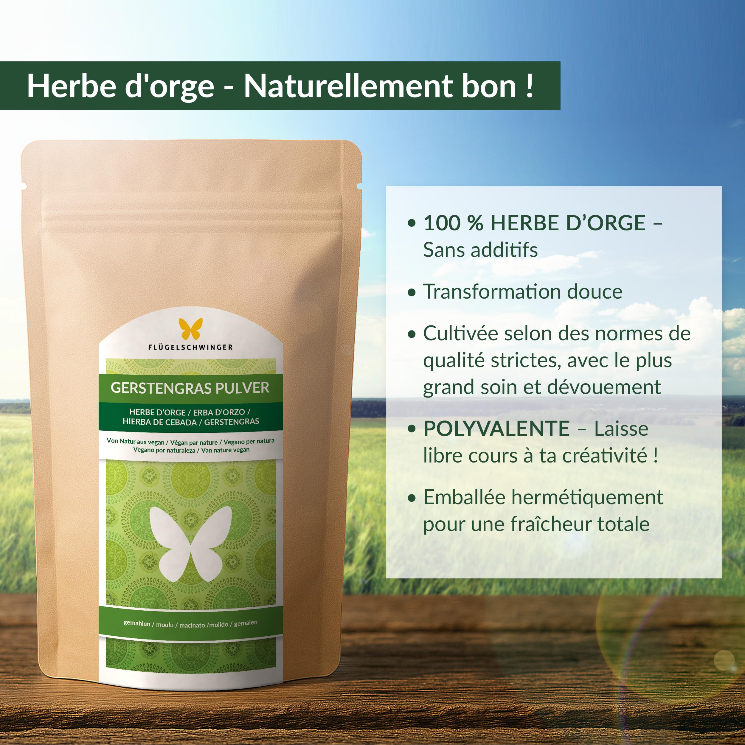 1kg de poudre d'herbe d'orge issue de jeunes herbes, sans additifs, qualité crue, traitement doux à basse température (1000g)