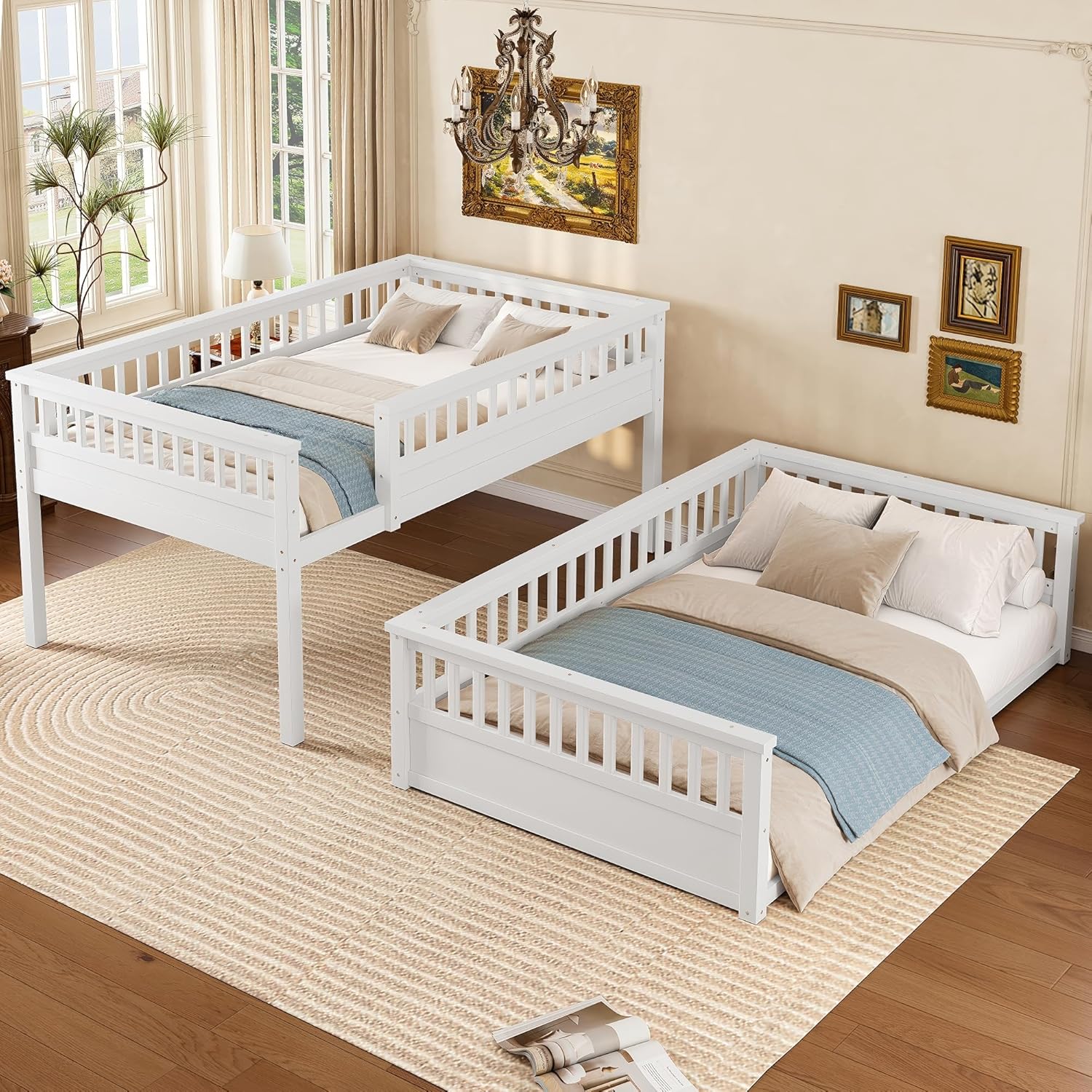 KEIKI Full Over Full Bunk Bed, Kids Wooden Floor Bed Frame with Ladder & Guardrail, Convertible to 2 Separated Teens Beds Frames, Upper Bedframe No Spring Box Needed, Easy Assembly, White