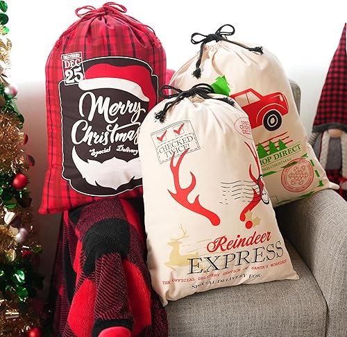 Miniatura 8 de JOYIN 3 bolsas de arpillera de Papá Noel de Navidad de 26 x 19 pulgadas, bolsa de regalo de lona grande con cordón reutilizable personalizada bolsa