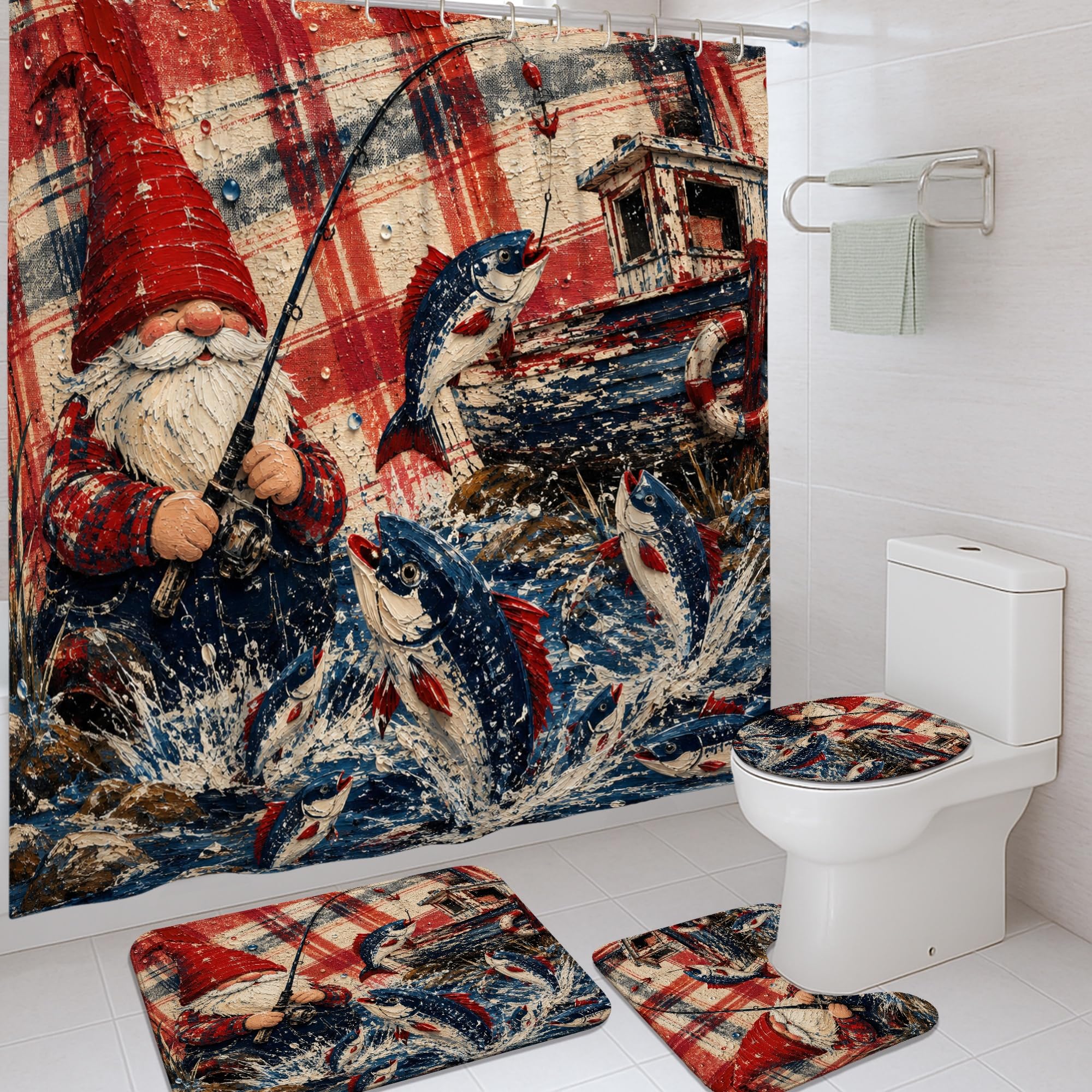 Rideaux de douche lavables avec crochets motif bateau rustique