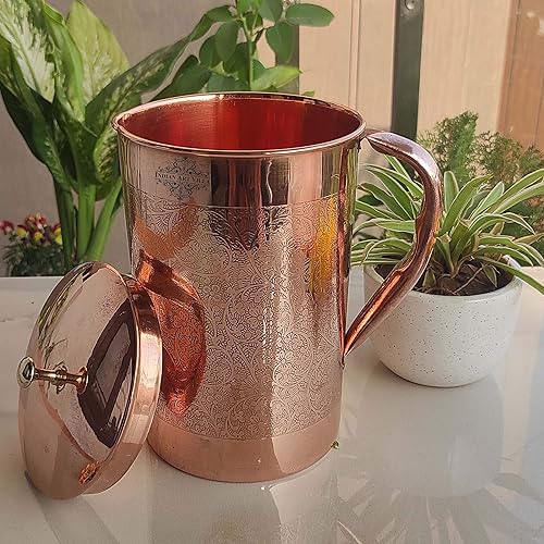 Miniatura 4 de Indian Art Villa Jarra de cobre con diseño en relieve completo con perilla de latón, almacenamiento y vasos, 67 onzas