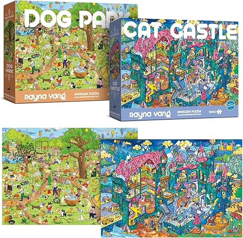 Antelope Paquete de rompecabezas 2 en 1 de 1000 piezas, Dog Park, paquete de rompecabezas de 1000 piezas con castillo de gato, rompecabezas de 1000