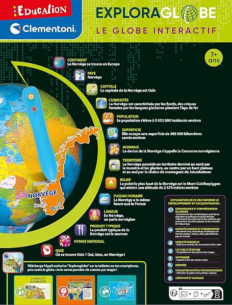 Clementoni - Exploraglobe 7 Ans + - Globe Interactif Éducatif - 500 Questions - 3 Niveaux de Difficulté - 13 Modes - Stylo Lecture Optique - Réalité Augmentée - Géographie Enfants - 5