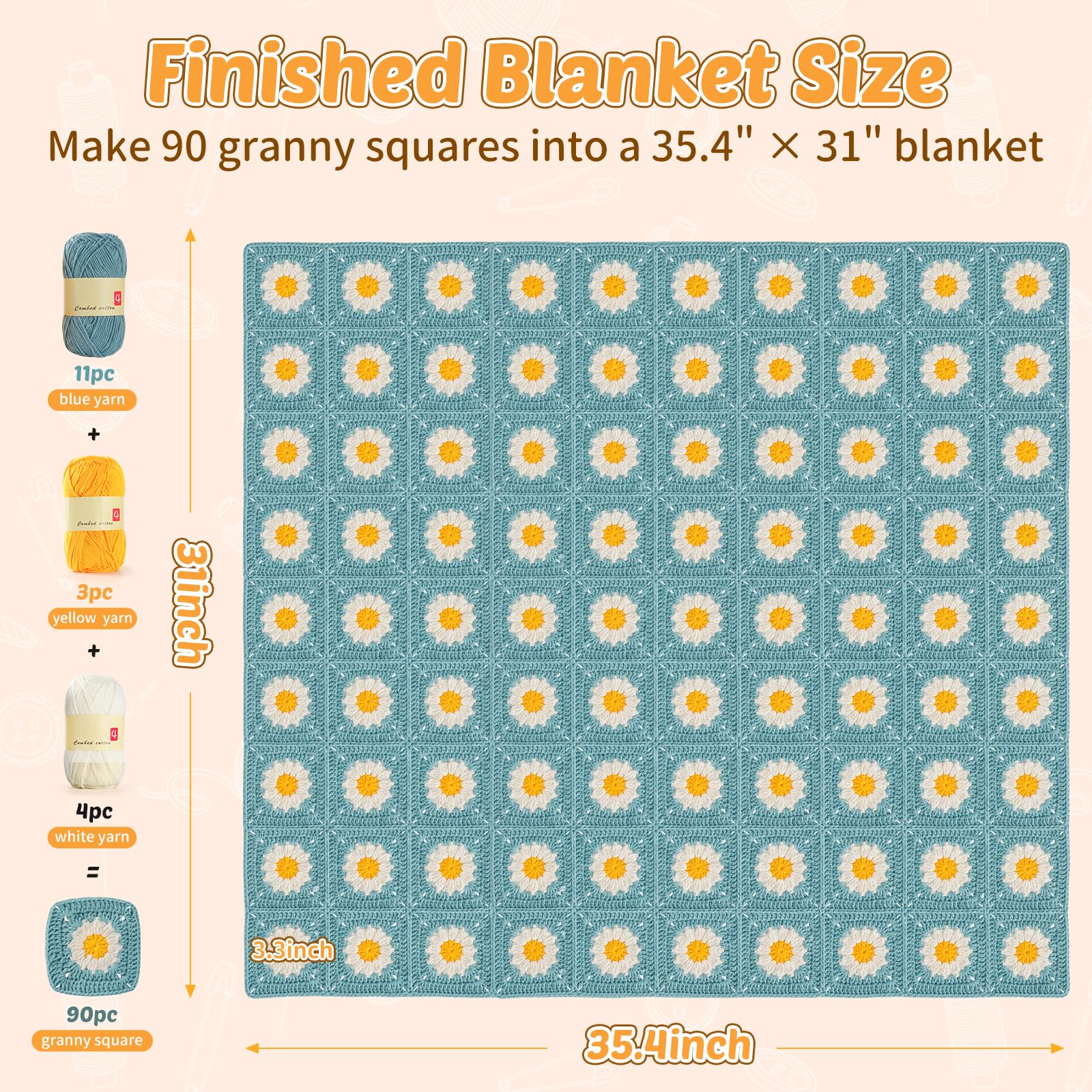 Fitsu Häkelset für Anfänger, Gänseblümchen Oma Quadratische Decke Häkeln Starter Kit mit Garn, Haken, Schritt-für-Schritt-Buch & Video-Tutorials, einfaches Erlernen des Häkelns Geschenkset für