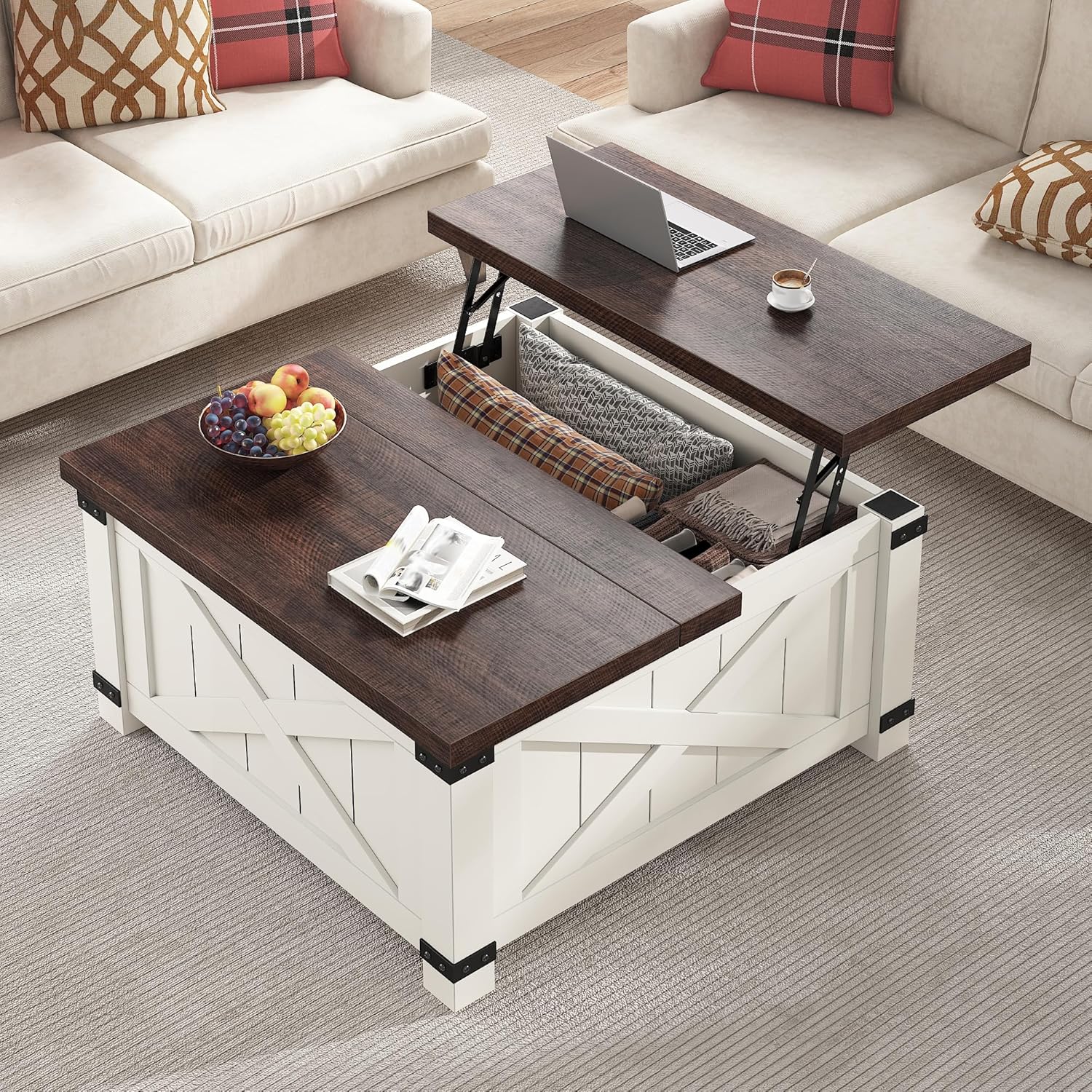 EnHomee Lift Top Coffee Table with Storage, 35.7" W Square Coffee Tables for Living Room, Small Coffee Table with Large Hidden Space, for Living Room, Bedroom, Home Office, White