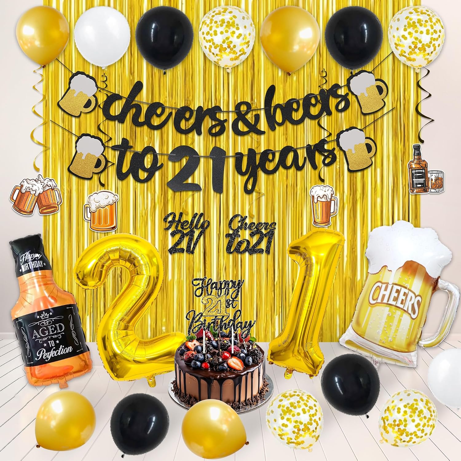 Vlipoeasn Beer Theme 21st Birthday Decoration Kit, Black Gold 21st Birthday Glitter Banner, Balloons for Cheers and Beers to 21 Year Old Birthday Party