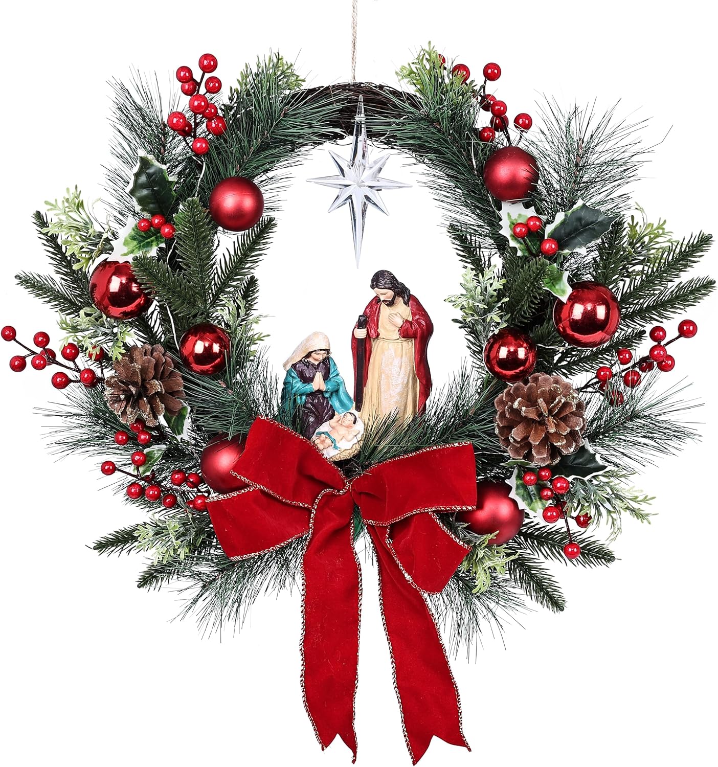 Moonet 19" Christmas Wreath with LED Lights Jesus Nativity Scene Garland for Home Hanging Ornament, Holiday Wreath with Lights for Front Door, Window, Fireplace