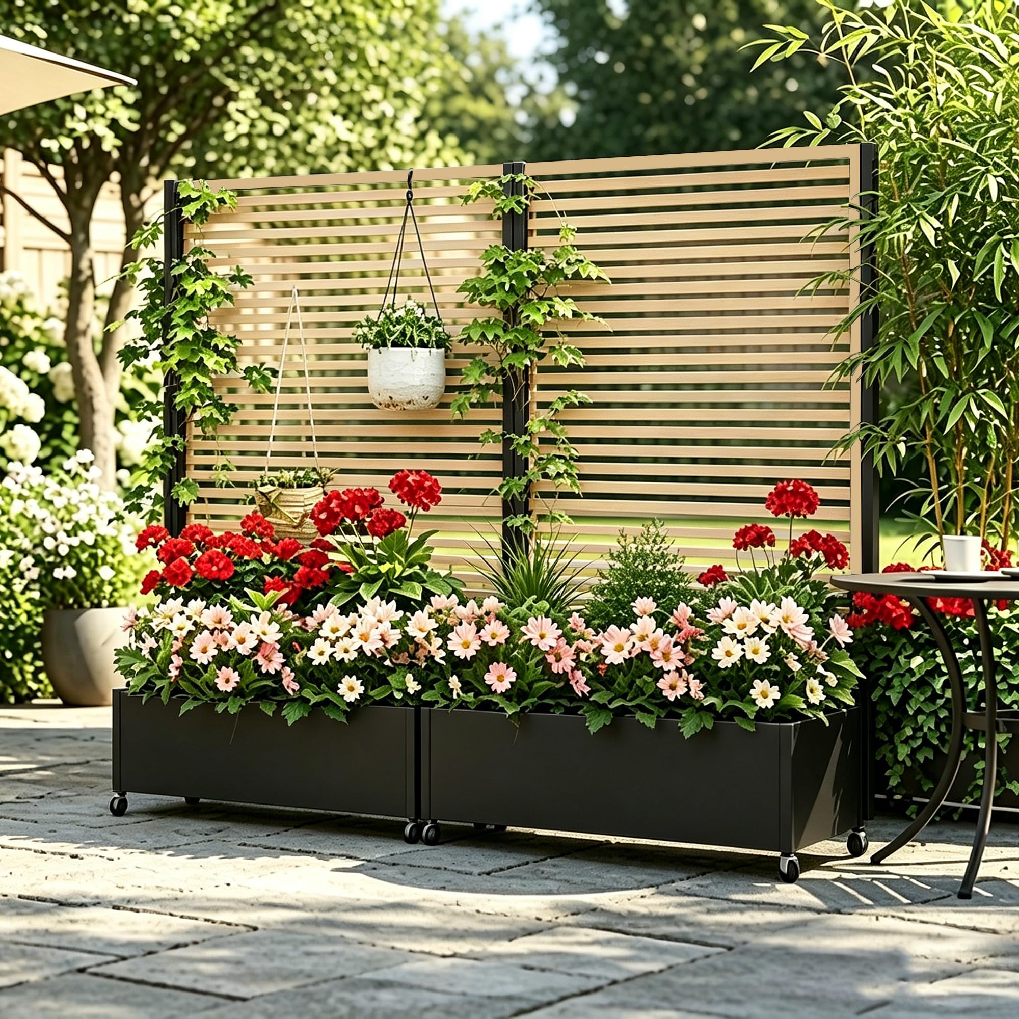 Pflanzkasten aus Metall für den Außenbereich mit Spalier, Hochbeet aus Metall mit Rad, freistehender Sichtschutz-Pflanzkasten für Blumen, Gemüse im Garten, auf der Terrasse, auf dem Balkon