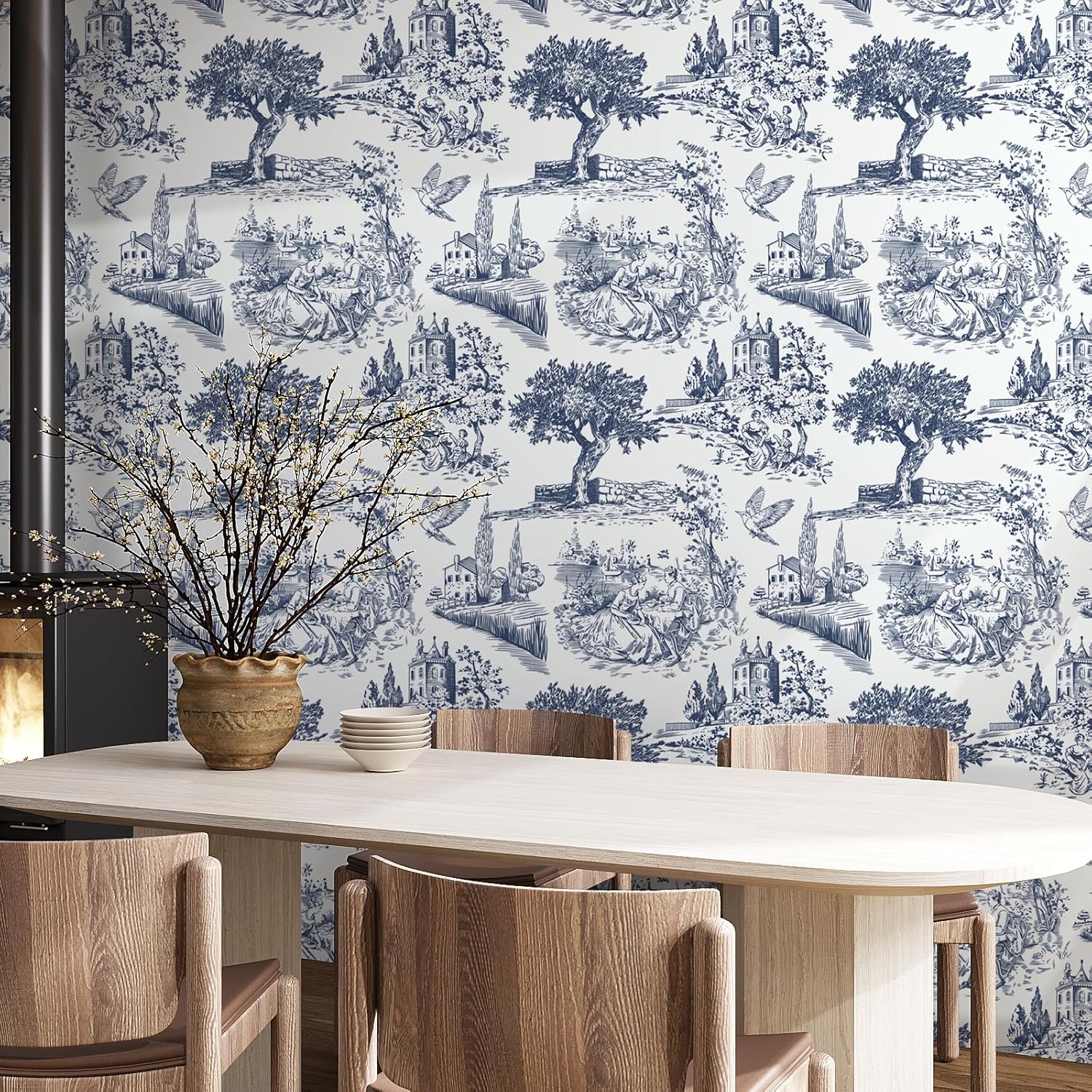 VaryPaper 17.7''x78.7'' Blue Toile Wallpaper Vintage French Country Peel and Stick Wallpaper for Bedroom Bathroom Waterproof Self Adhesive Decorative Chinoiserie Contact Paper for Cabinets Accent Wall