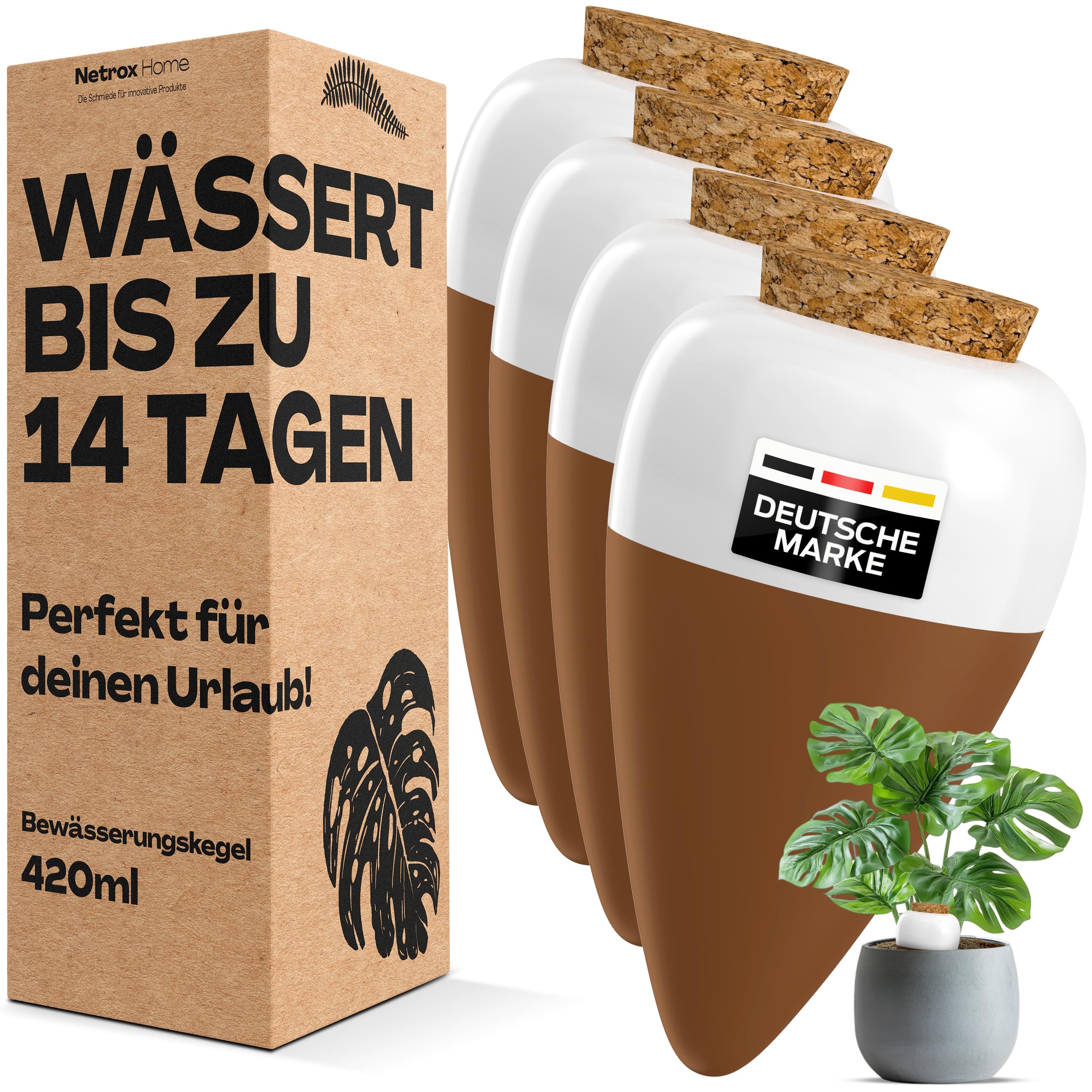 Netrox Bewässerungskegel aus Ton 4x Set – ideal im Urlaub – automatische Pflanzenbewässerung für Zimmerpflanzen, Garten & Balkon – Bewässerung, Bewässerungssystem, Wasserspender Pflanzen (4x Set)
